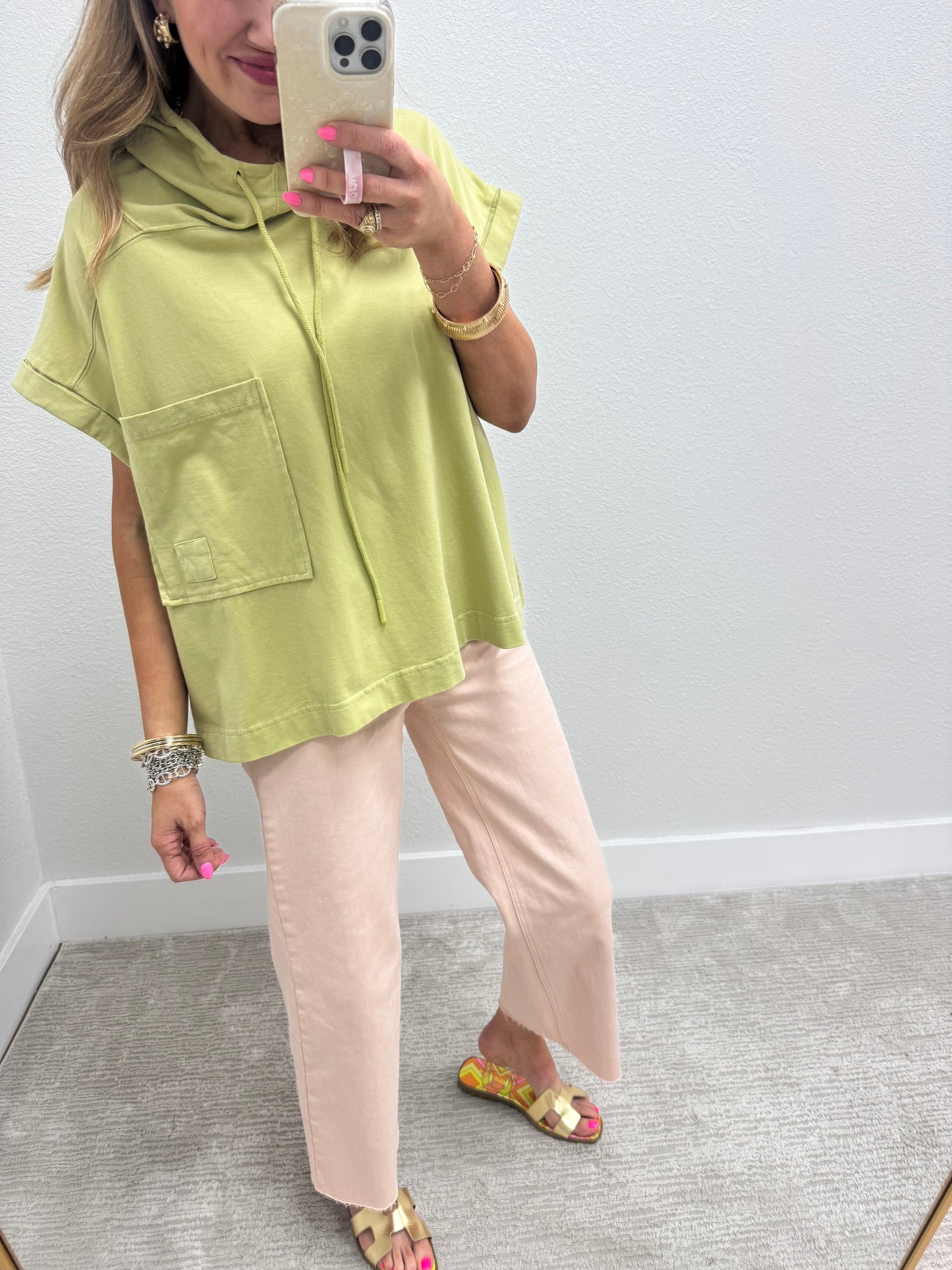 Green Rinse Washed Half Sleeve Hoodie