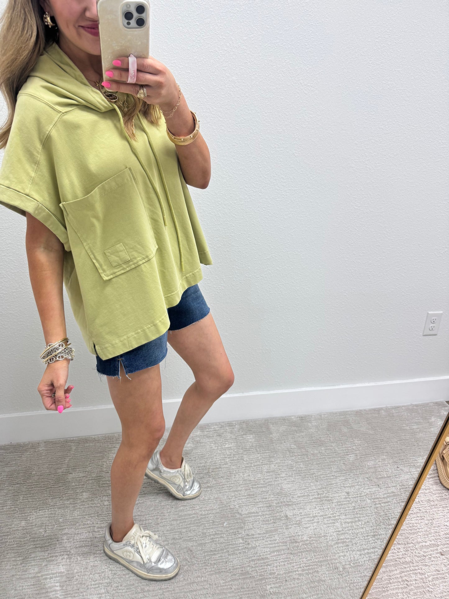 Green Rinse Washed Half Sleeve Hoodie