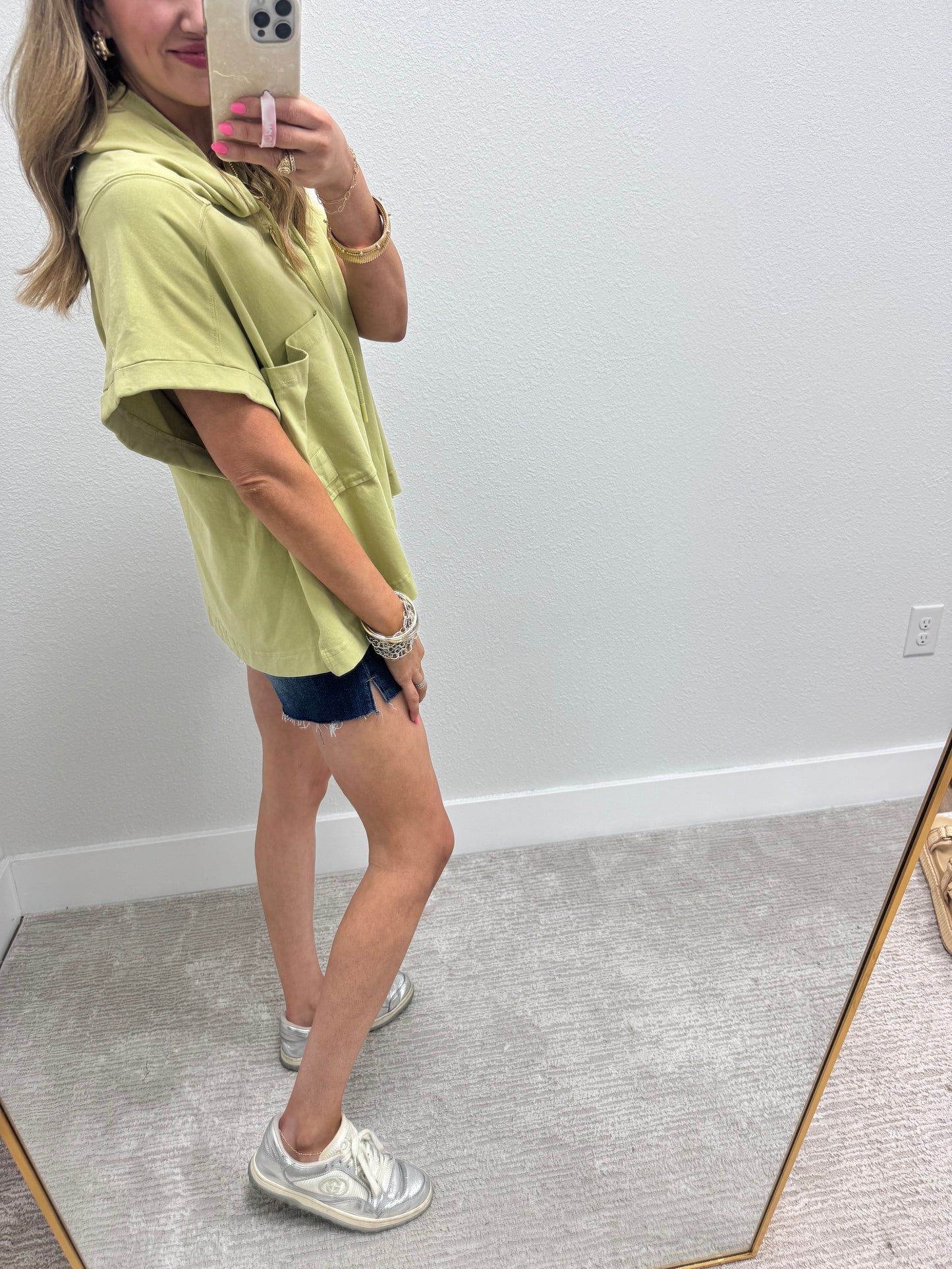 Green Rinse Washed Half Sleeve Hoodie