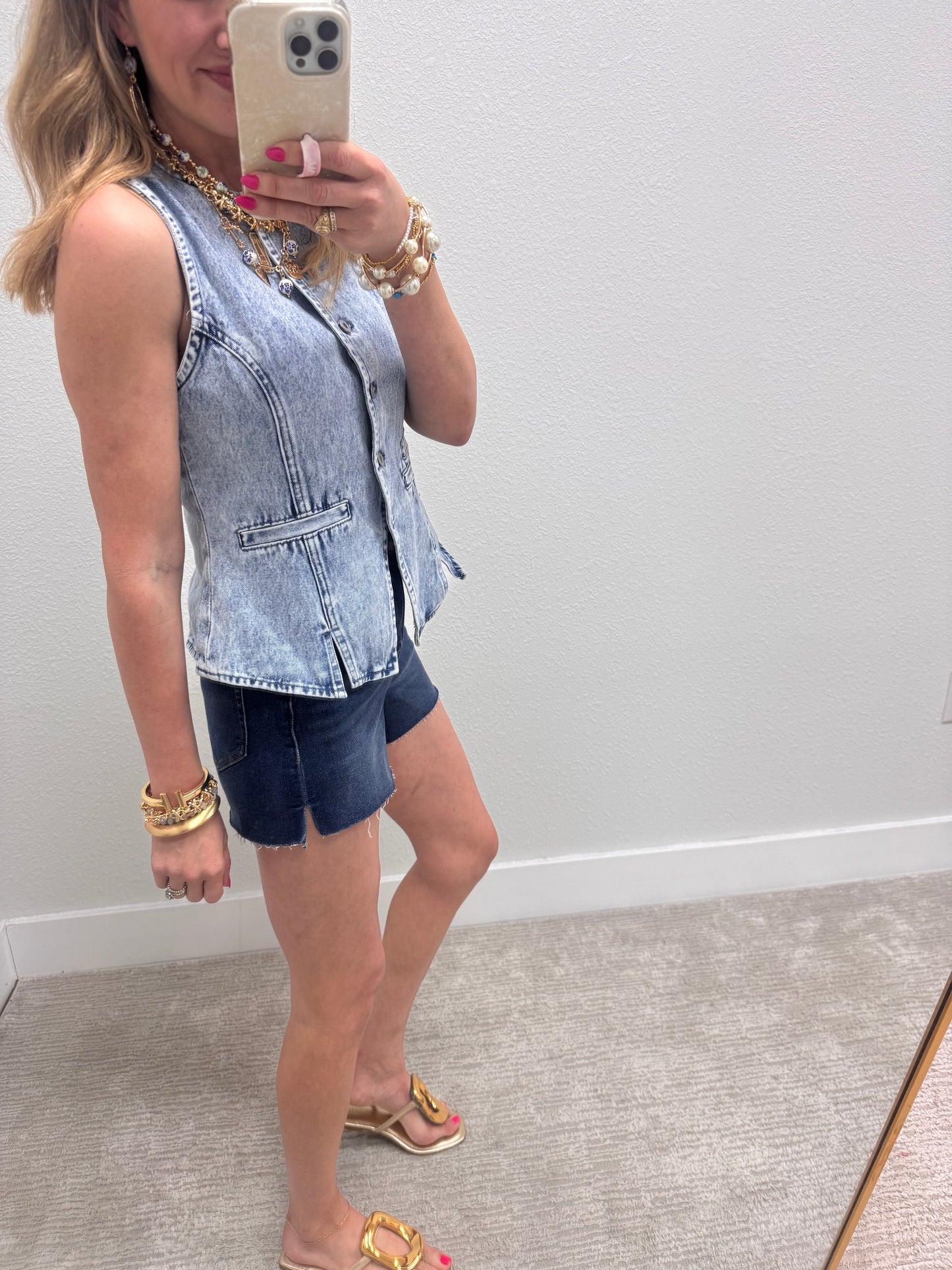 Dark Wash Vervet High Rise Side Slit A Line Denim Shorts