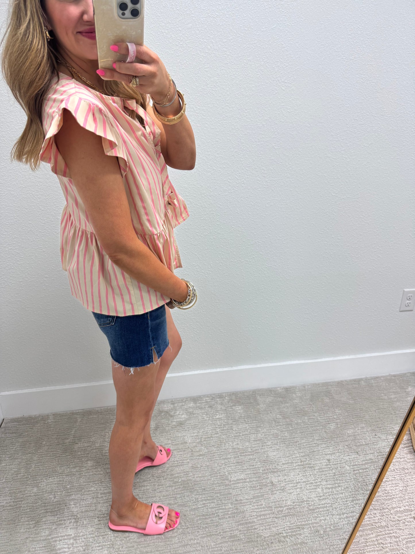 Cream and Pink Tie Front Top