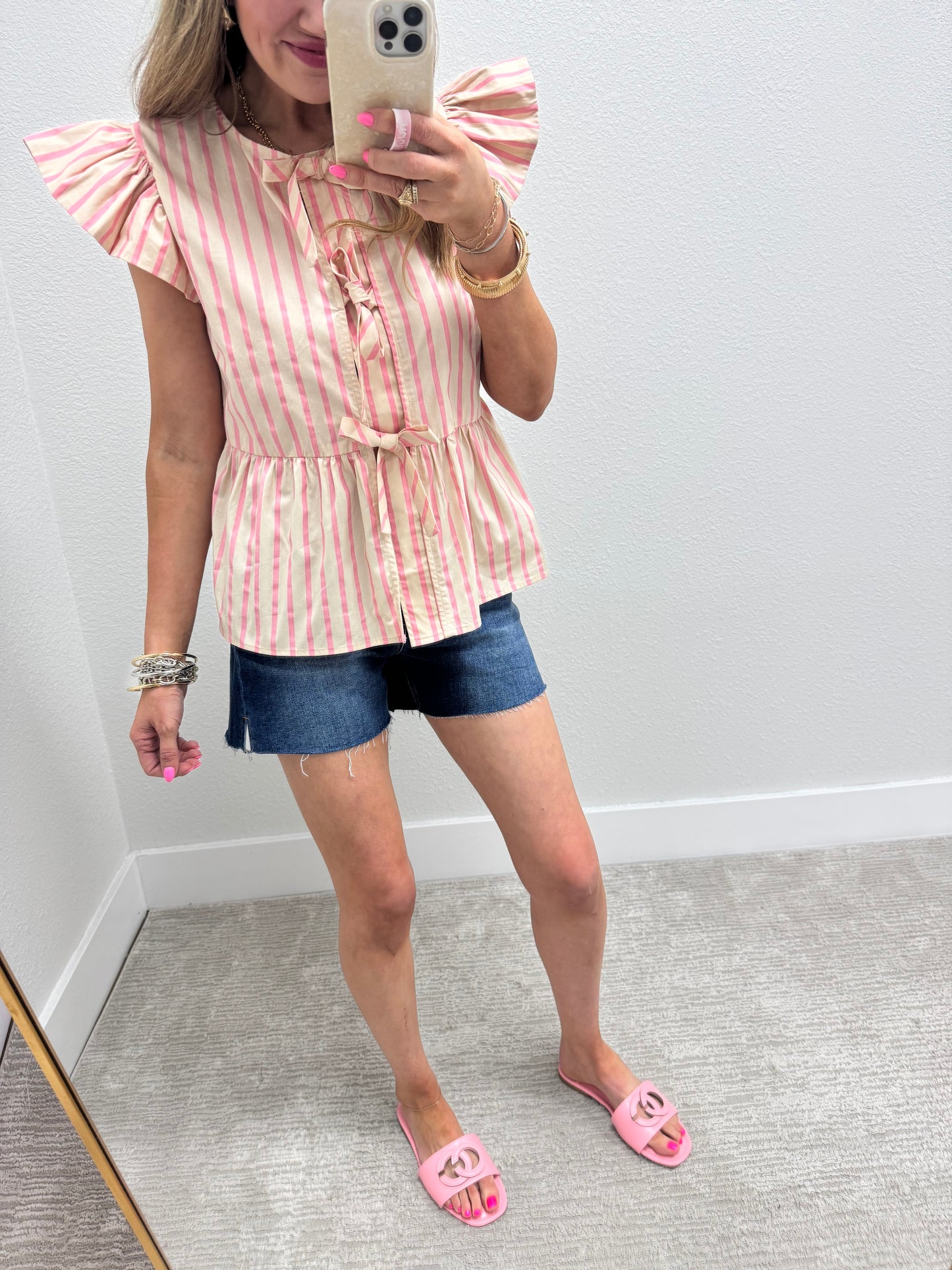 Cream and Pink Tie Front Top