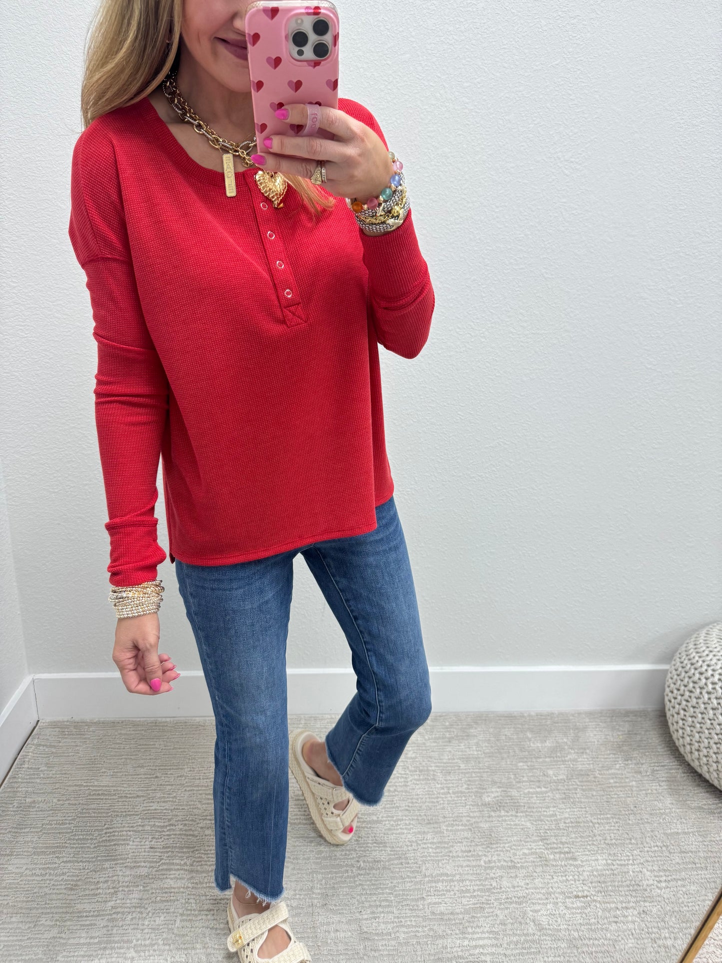 Red Waffle Long Sleeve Henley Top