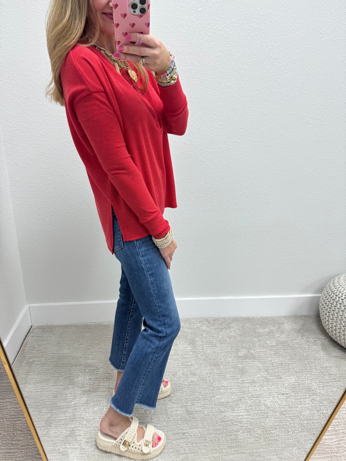 Red Waffle Long Sleeve Henley Top