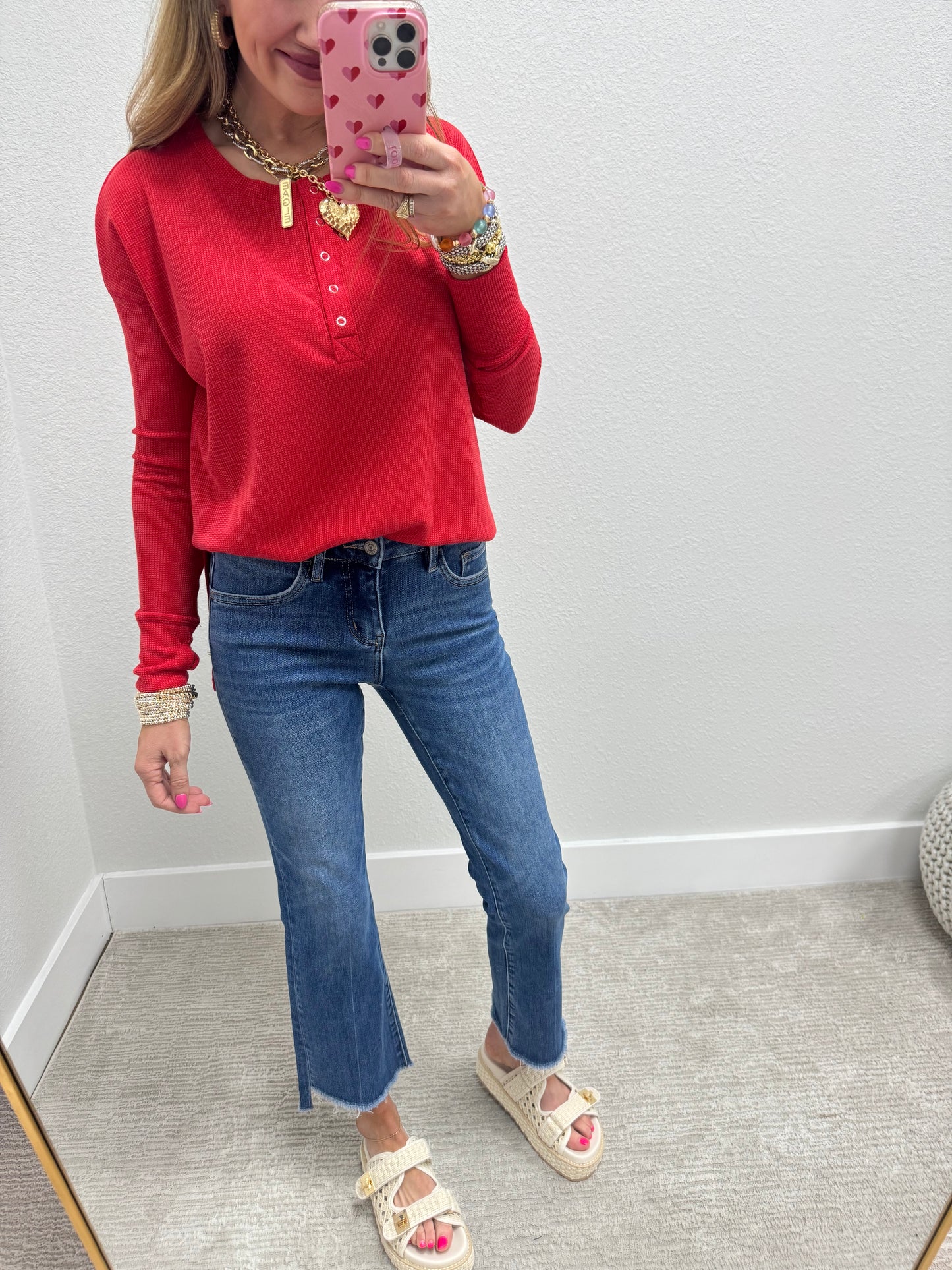 Red Waffle Long Sleeve Henley Top