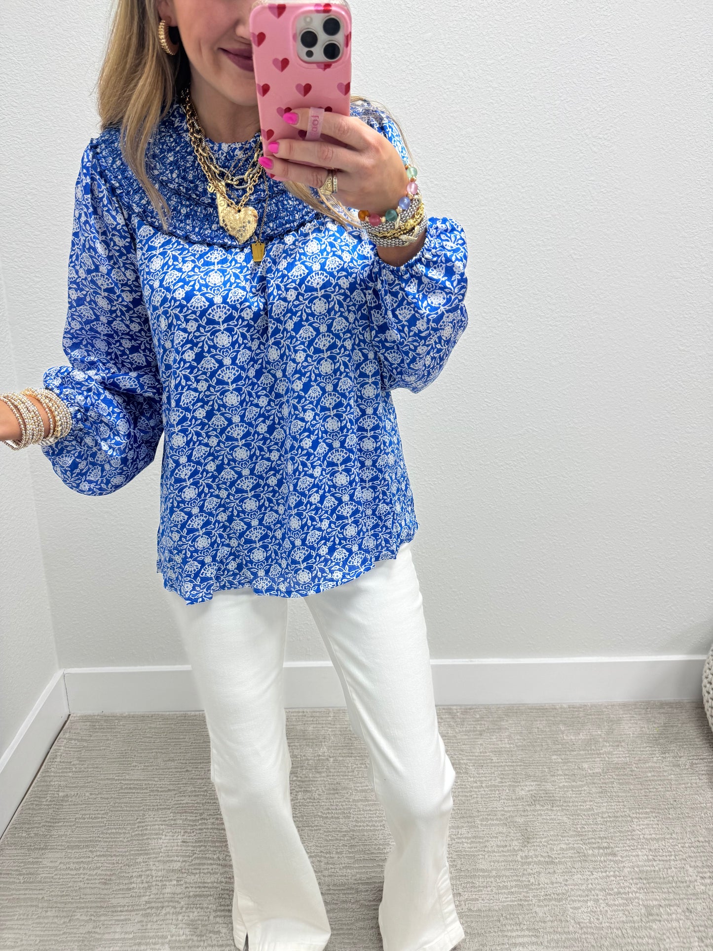 Royal Blue Print Smocked Layer Neckline Top