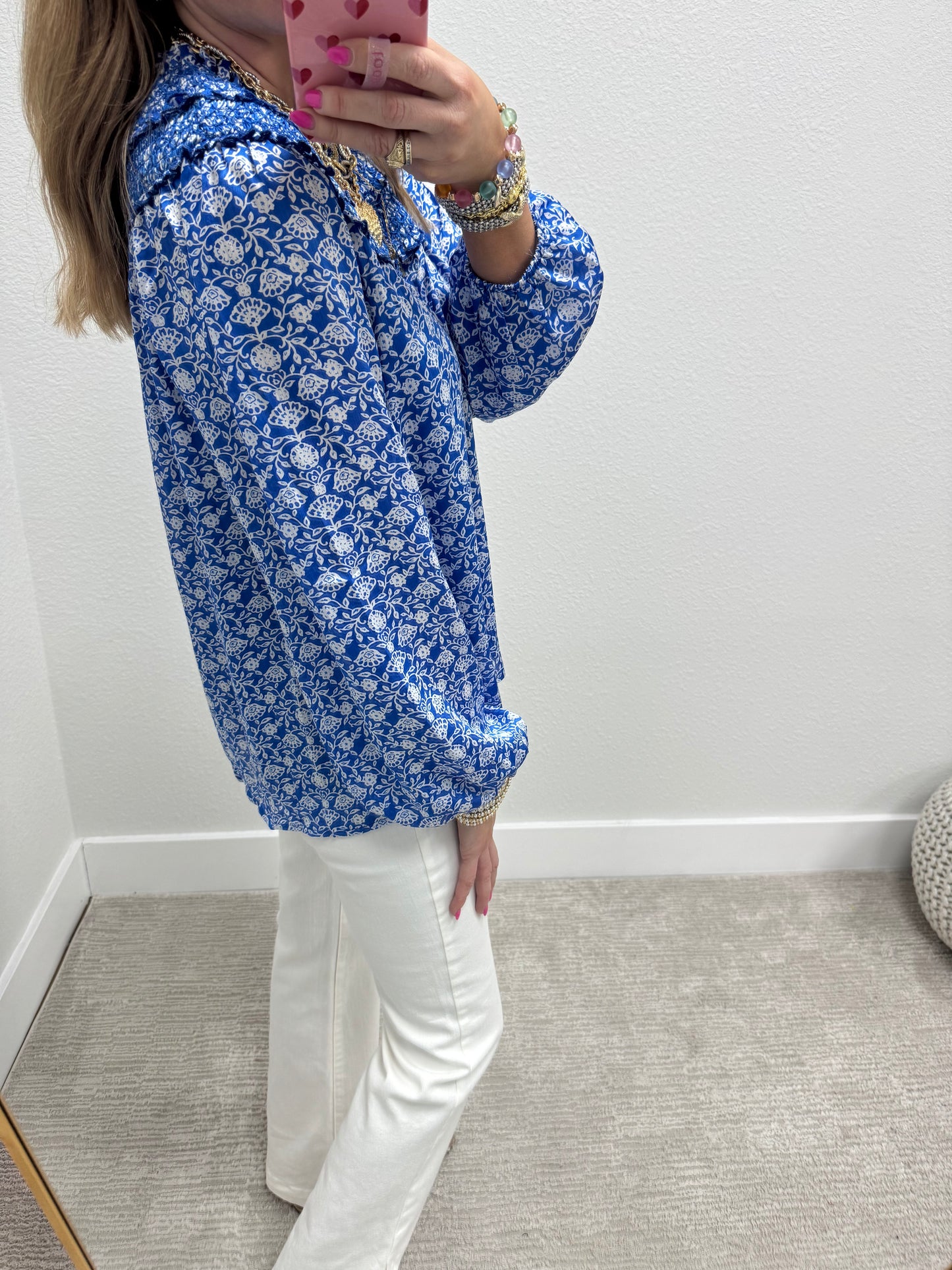 Royal Blue Print Smocked Layer Neckline Top