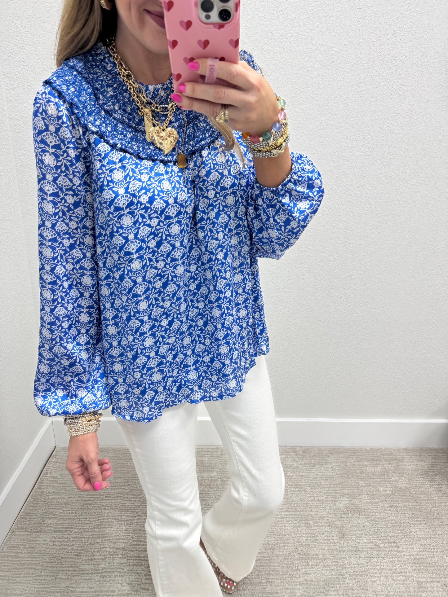Royal Blue Print Smocked Layer Neckline Top
