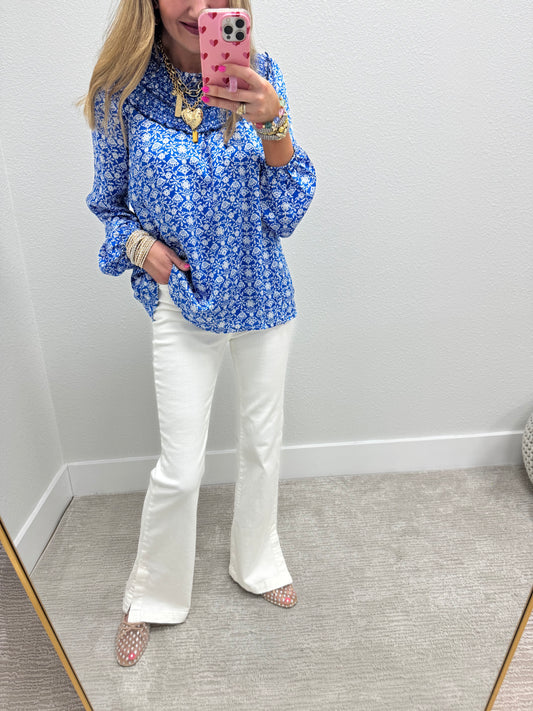 Royal Blue Print Smocked Layer Neckline Top FS