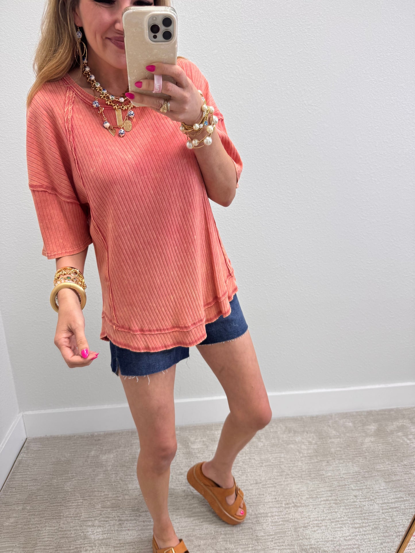 Coral Mineral Washed Ribbed Knit Top