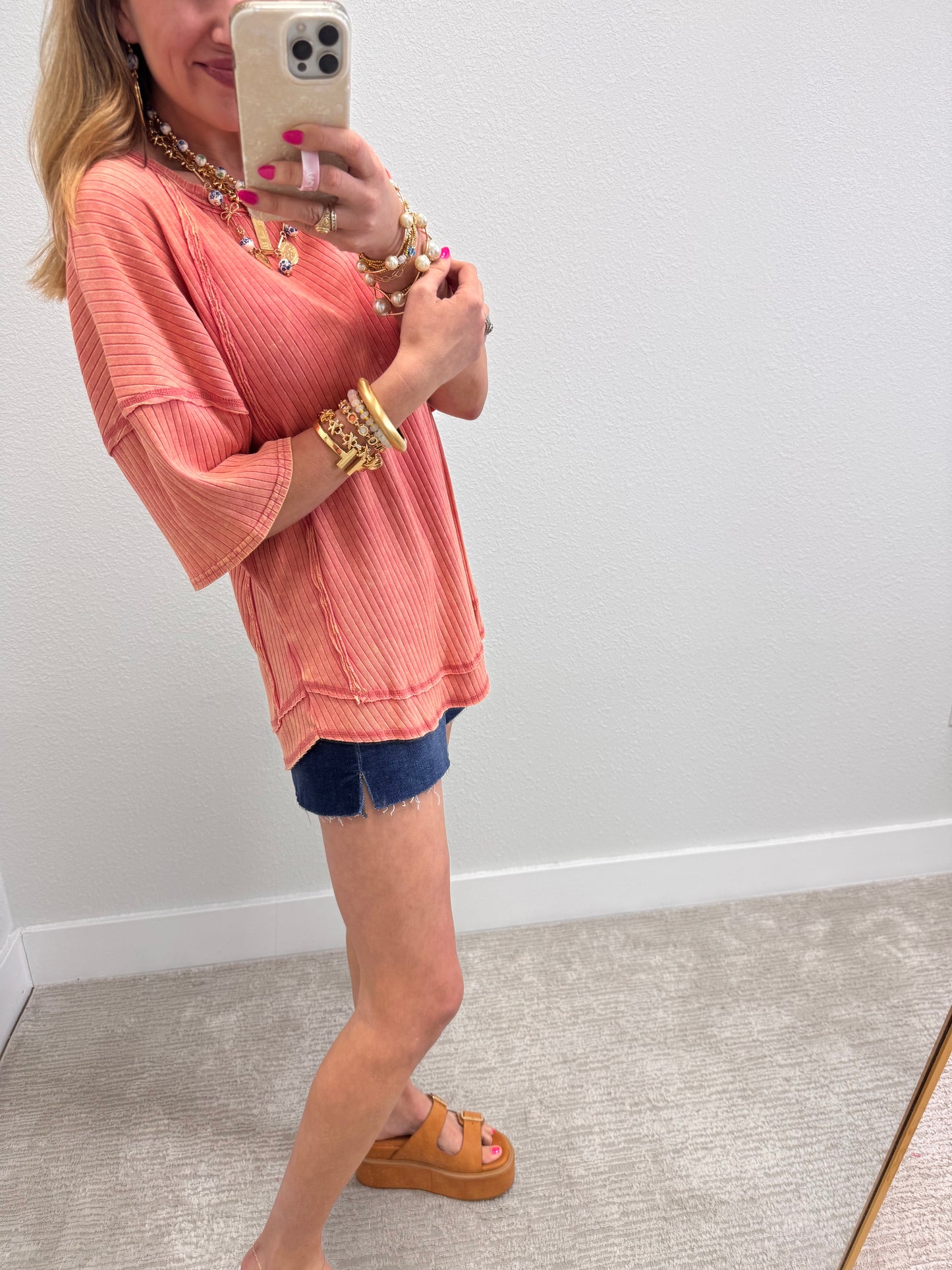 Coral Mineral Washed Ribbed Knit Top