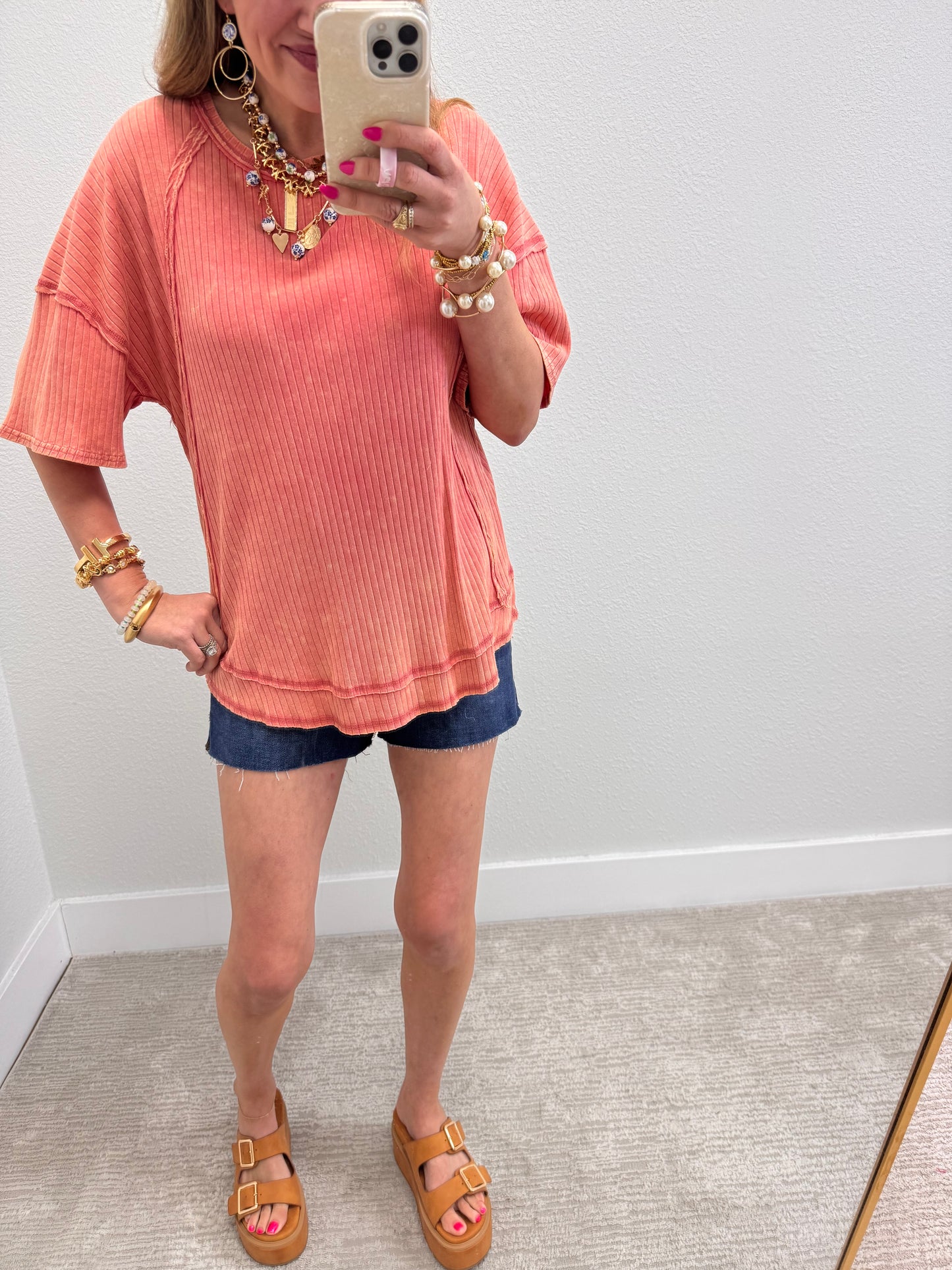 Coral Mineral Washed Ribbed Knit Top