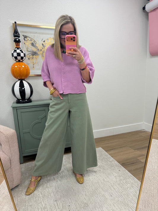 Orchid Thin Striped Curly Edge Half Sleeve Oversized Sweater Cardigan
