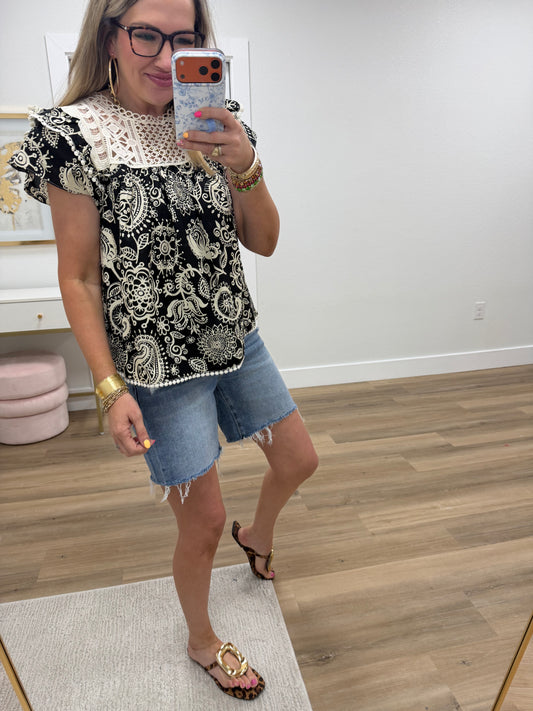 Black Crocket Yoke Paisley Round Neck Top