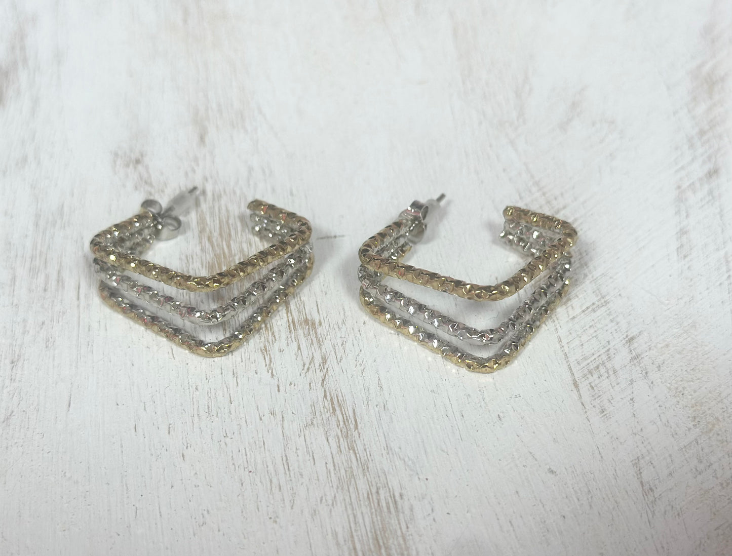 Triple Mixed Metal Square Earrings