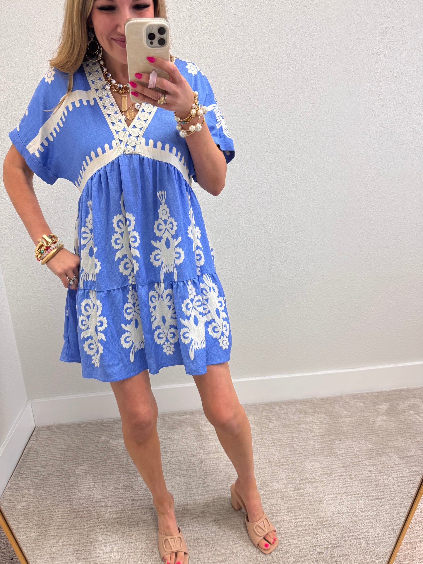 Sky Blue with White Design Dress