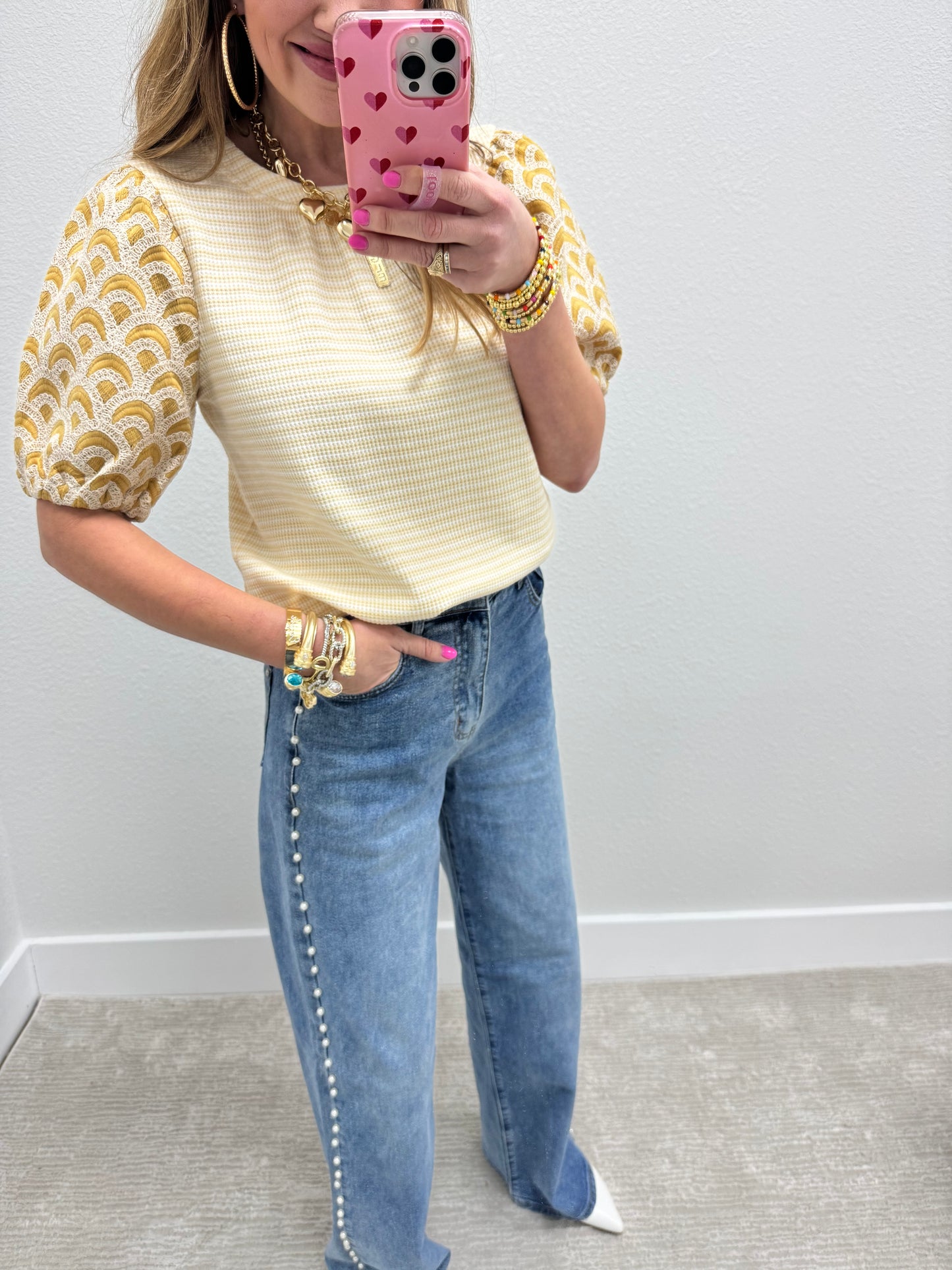 Cream and Mustard Printed Puff Sleeve Top FS
