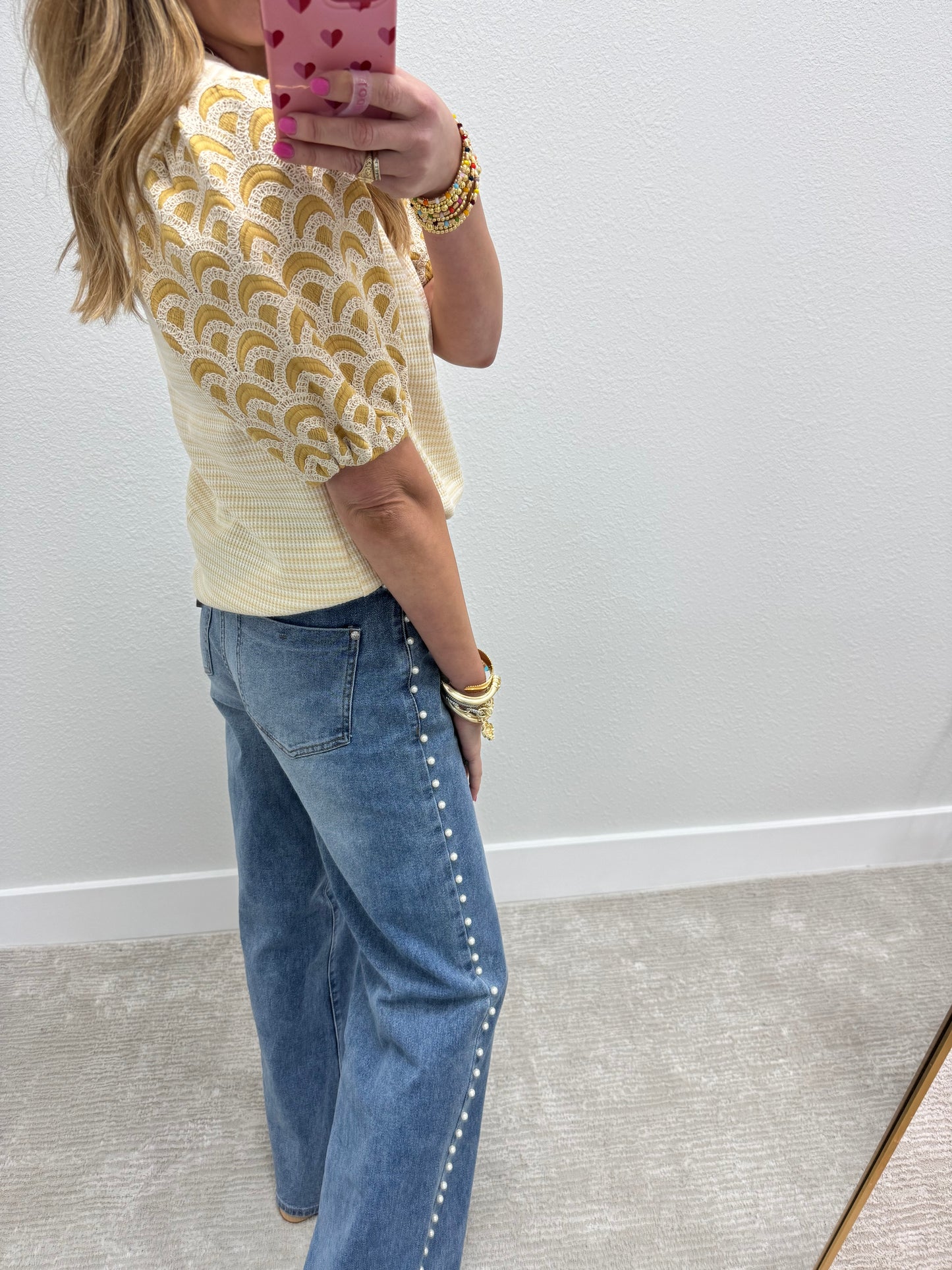 Cream and Mustard Printed Puff Sleeve Top FS