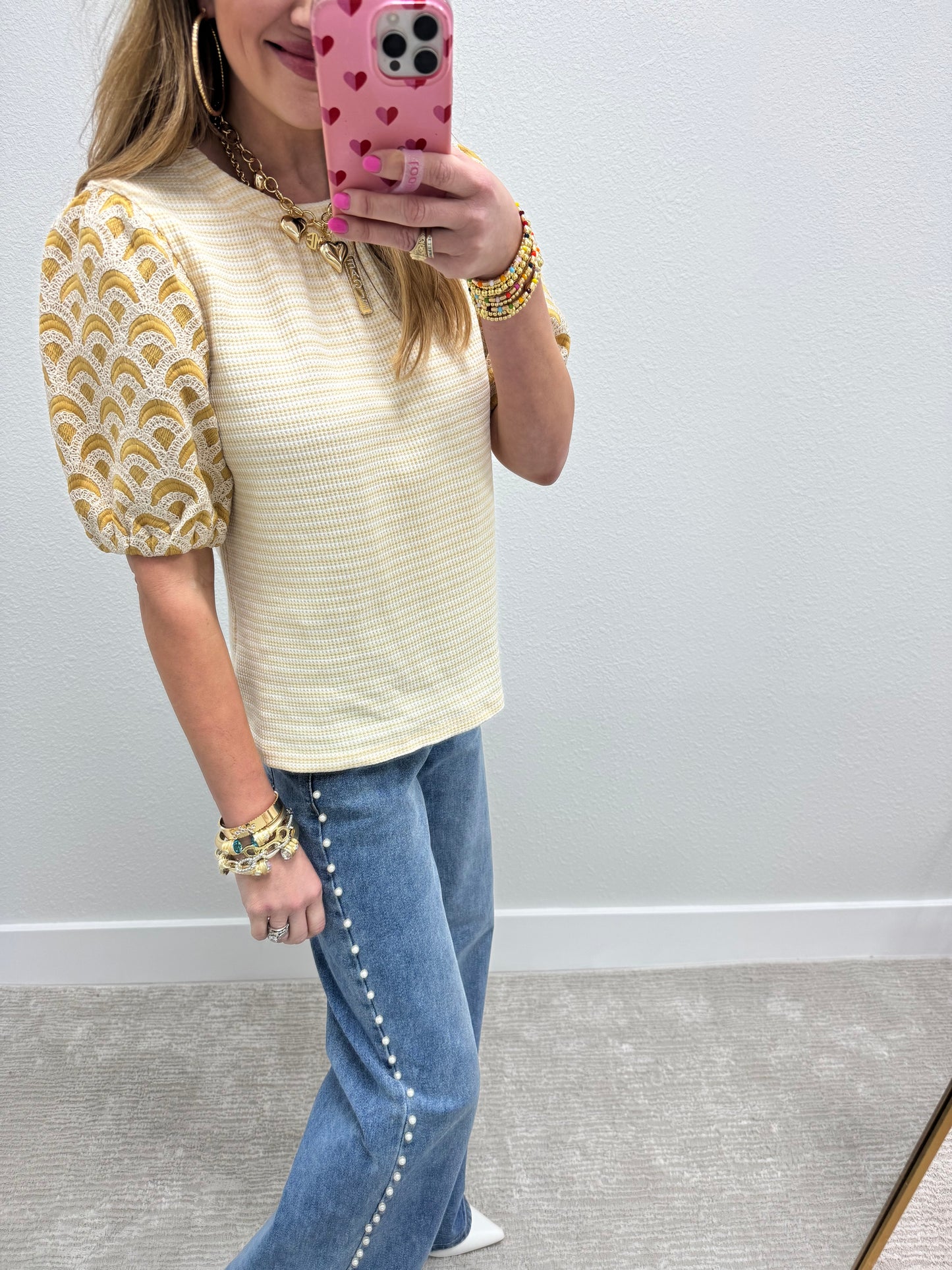Cream and Mustard Printed Puff Sleeve Top FS
