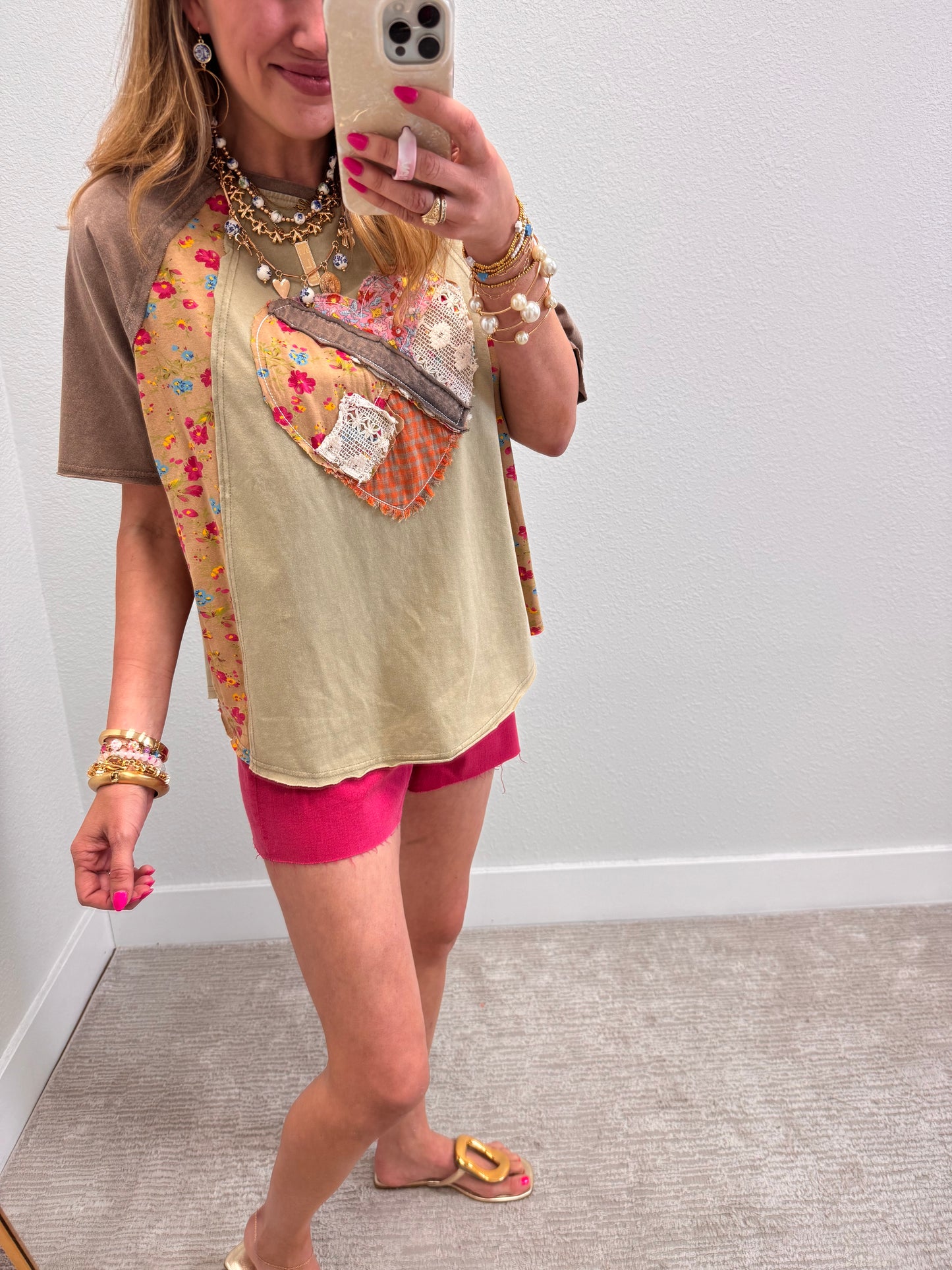 Faded Olive Heart Patch Top