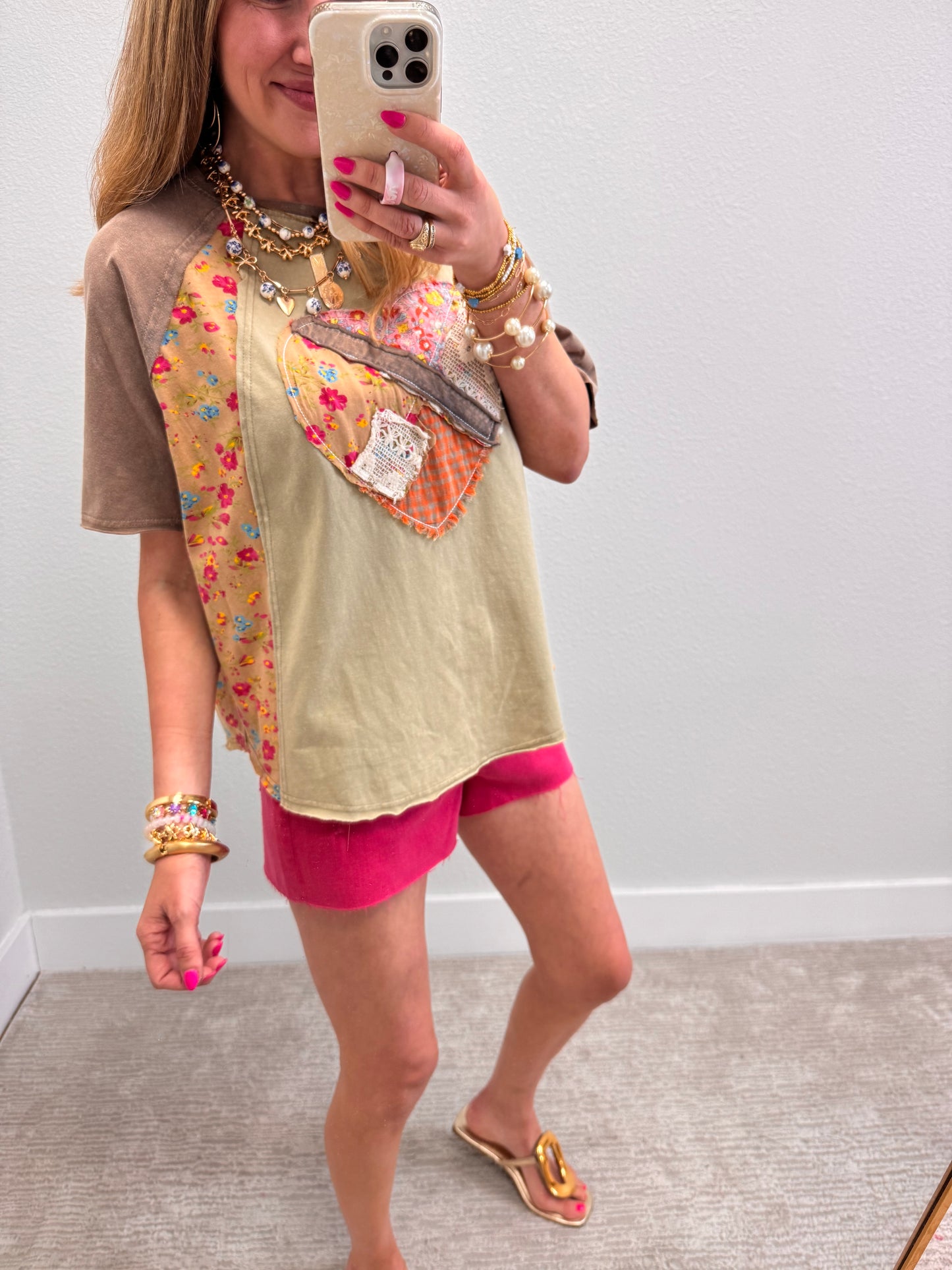 Faded Olive Heart Patch Top