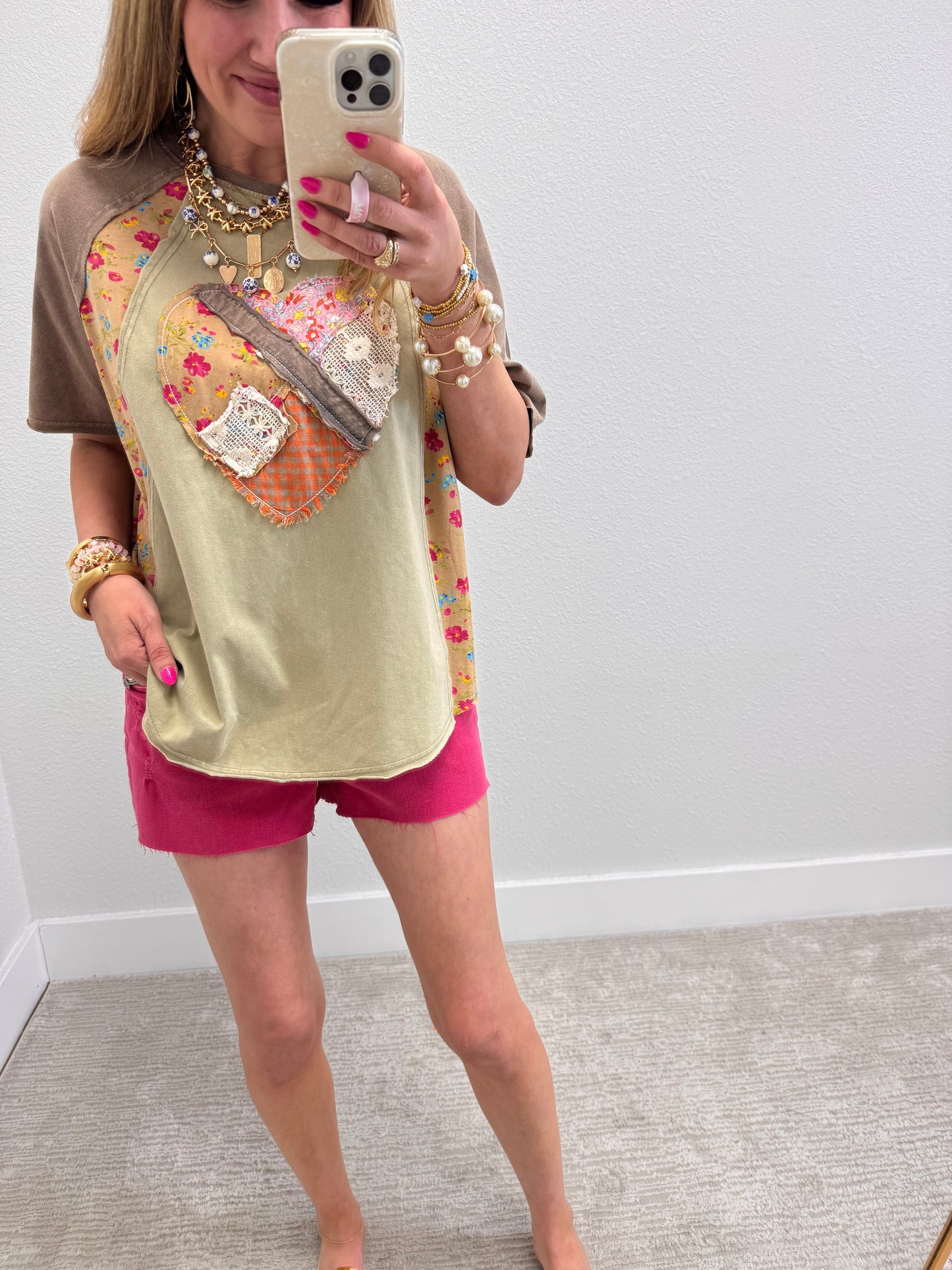 Faded Olive Heart Patch Top