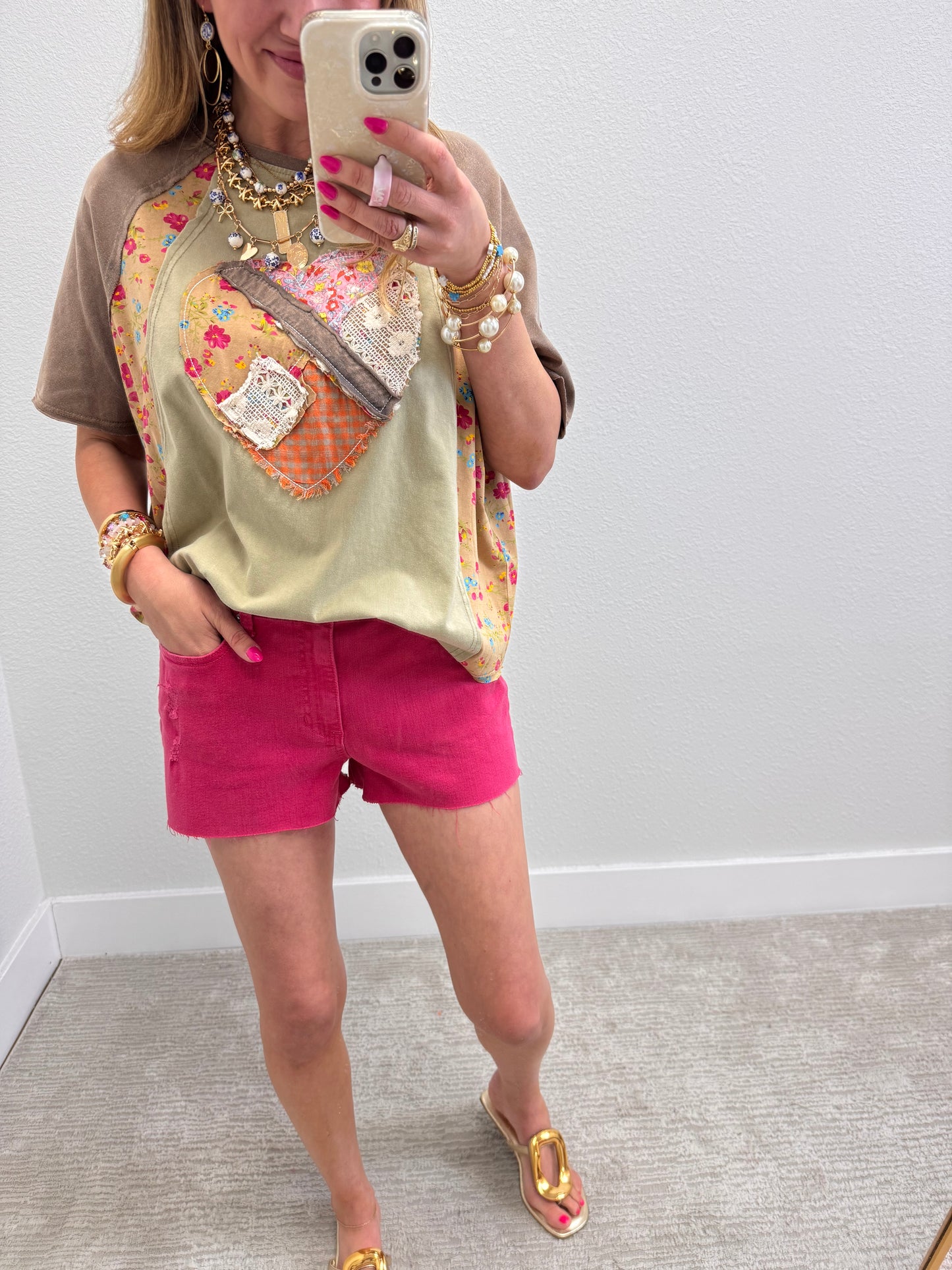 Faded Olive Heart Patch Top