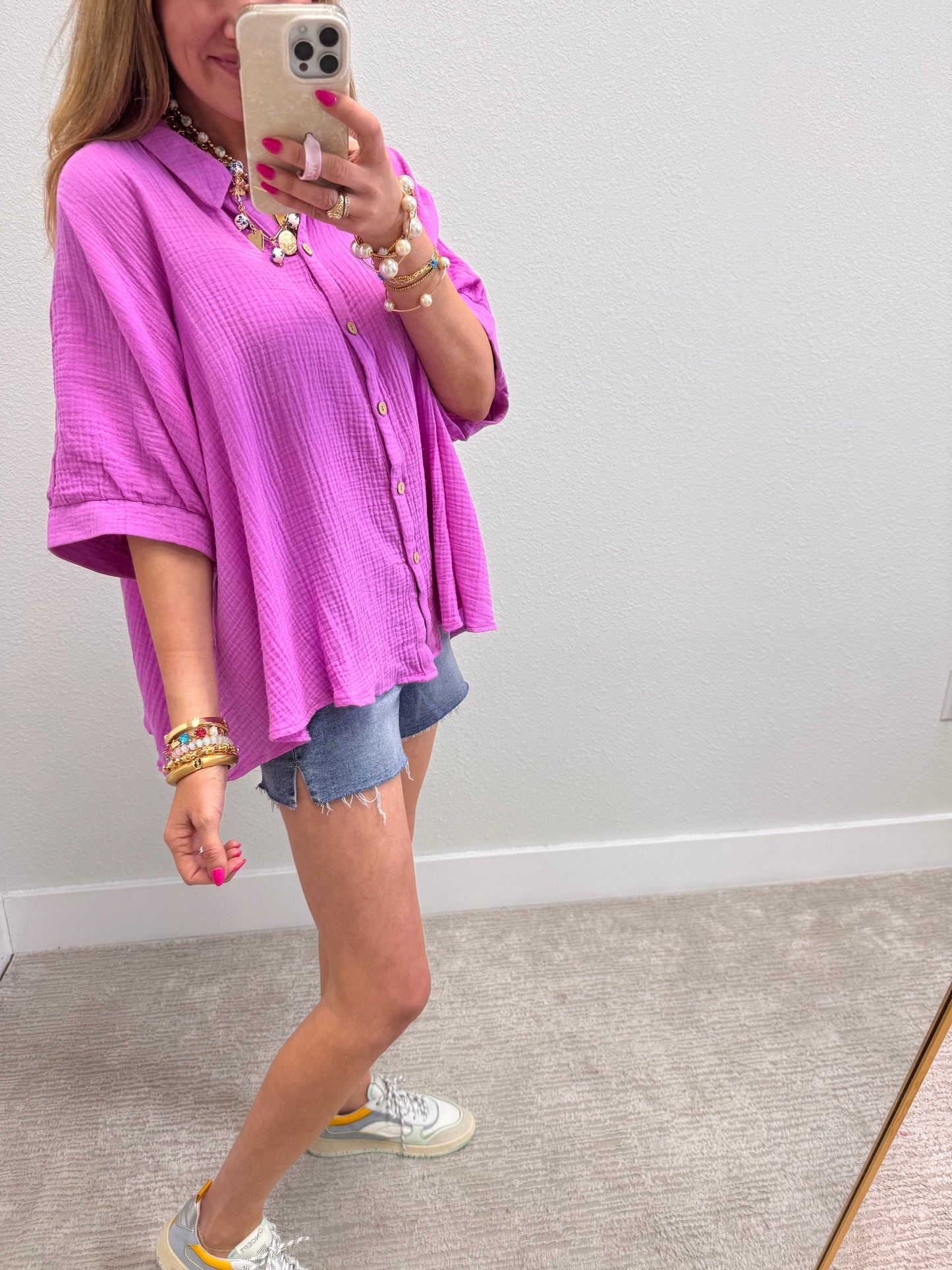 Bright Mauve Double Gauze 3/4 Sleeve Button Up Shirt