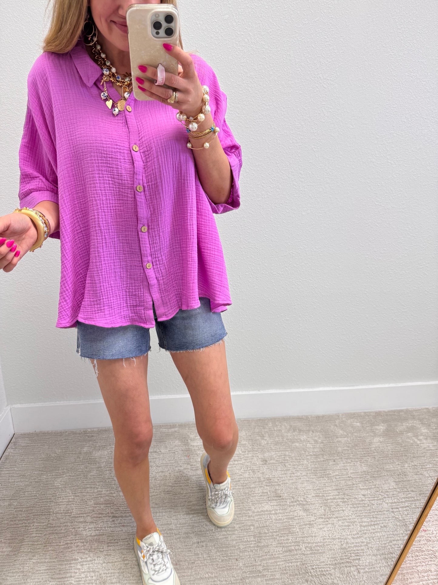 Bright Mauve Double Gauze 3/4 Sleeve Button Up Shirt