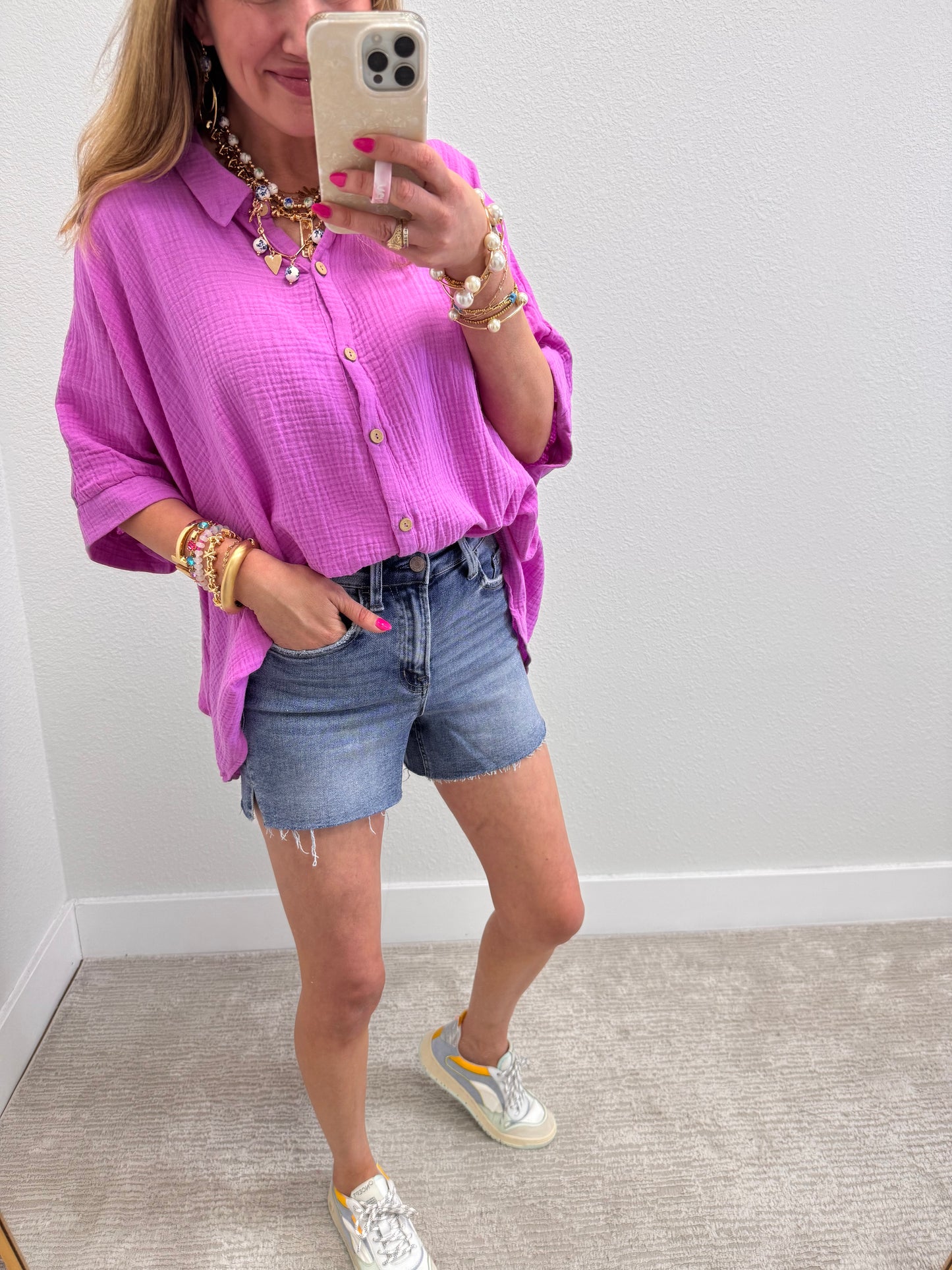 Bright Mauve Double Gauze 3/4 Sleeve Button Up Shirt