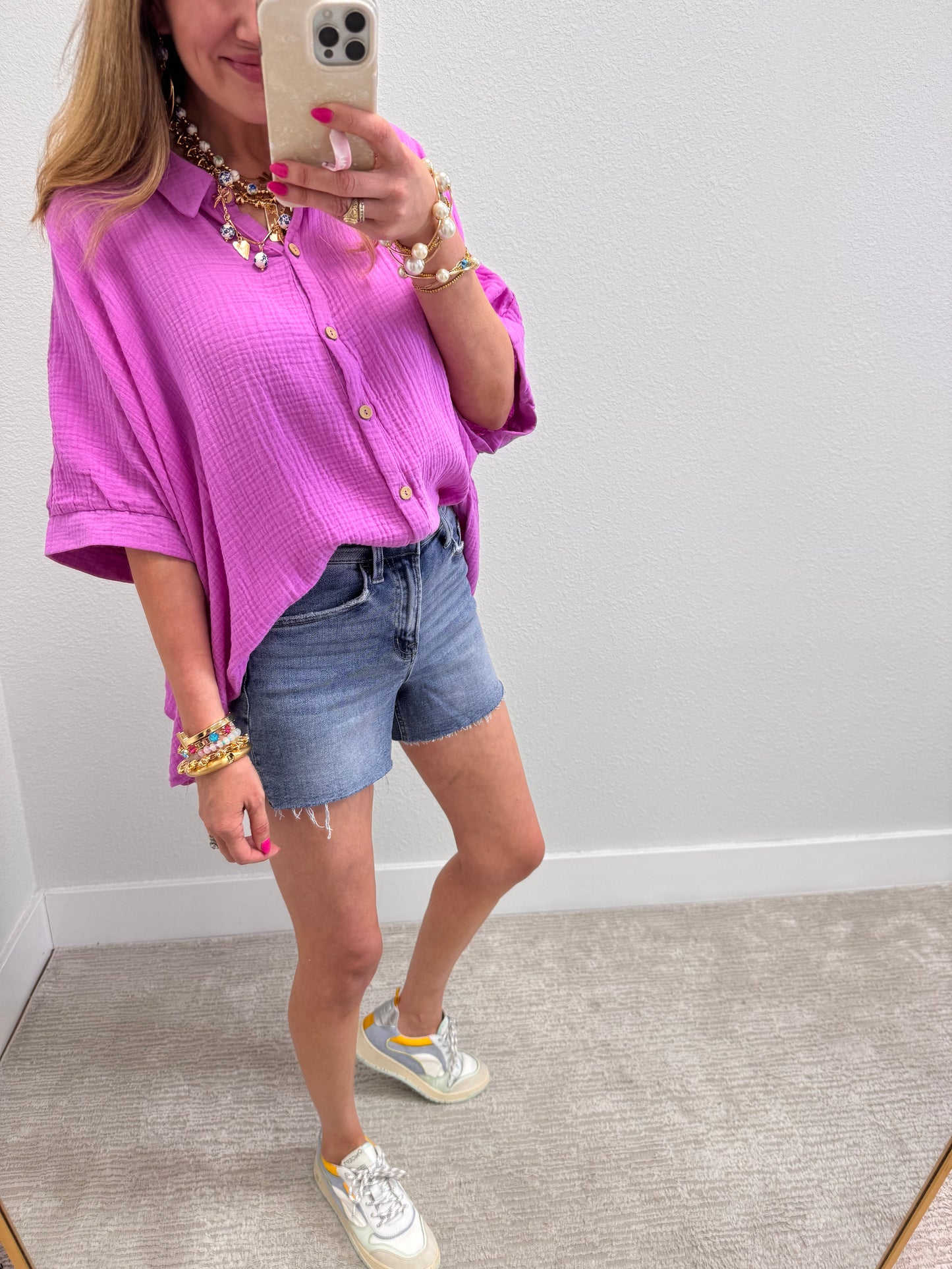 Bright Mauve Double Gauze 3/4 Sleeve Button Up Shirt