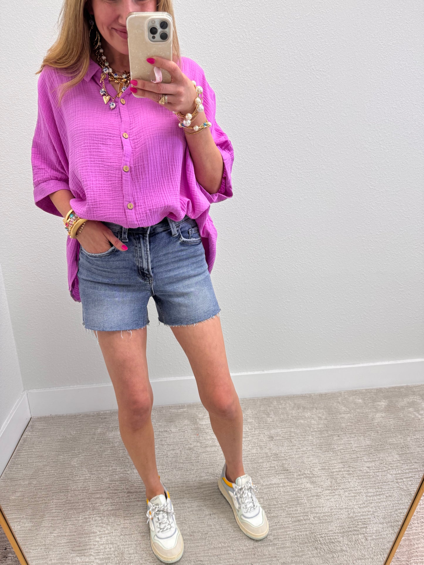Bright Mauve Double Gauze 3/4 Sleeve Button Up Shirt