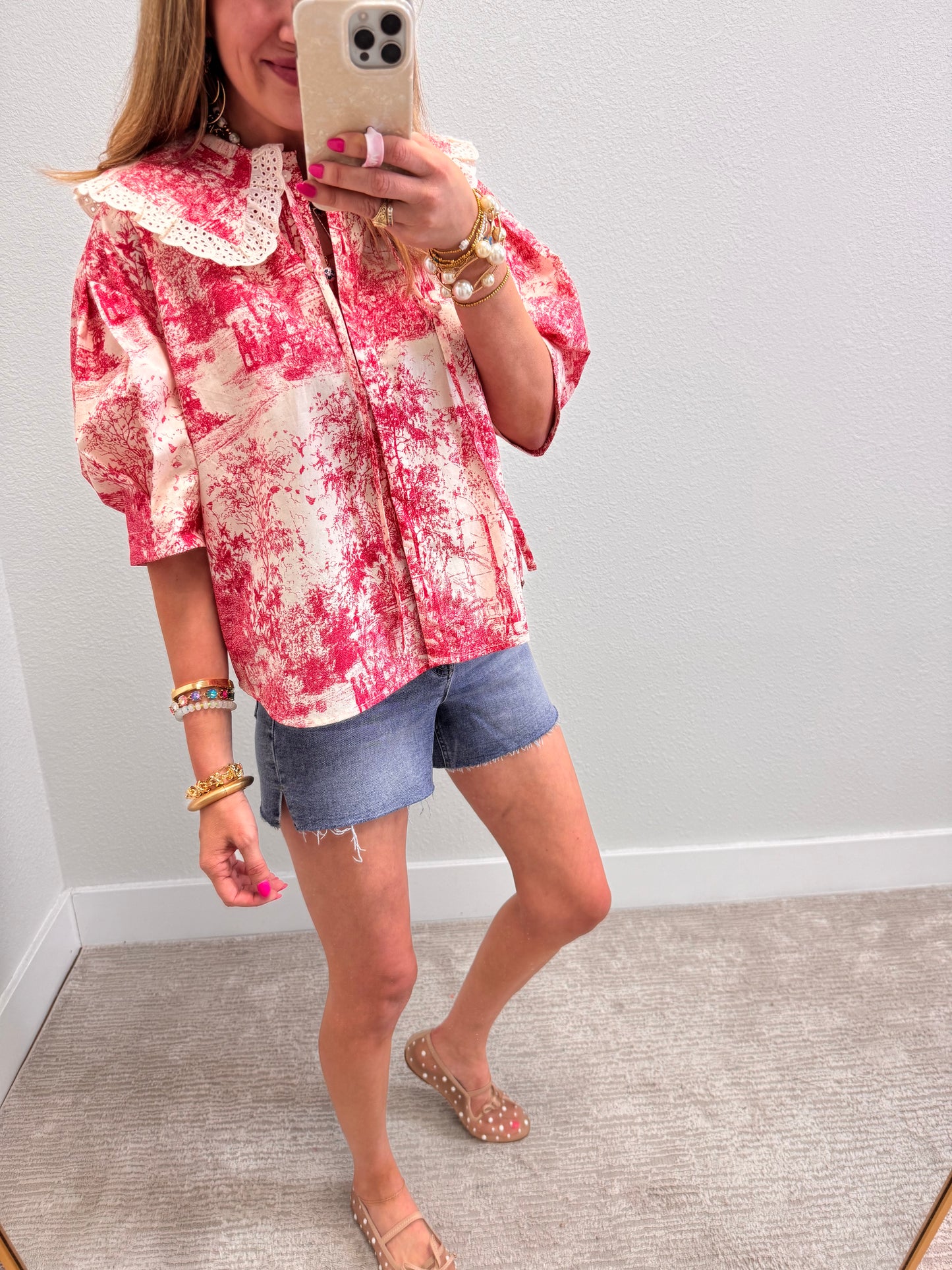 Red Vintage Print Top with Lace Trim Peter Pan Collar