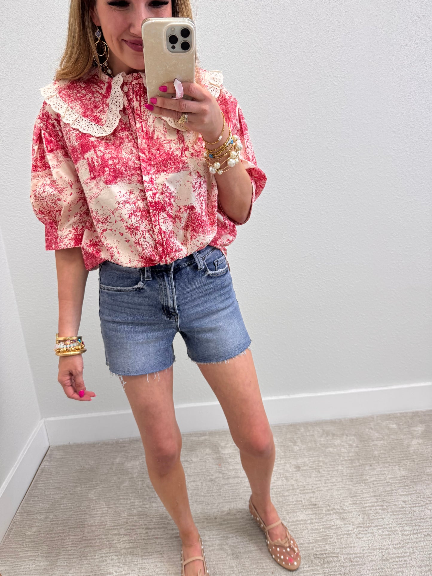 Red Vintage Print Top with Lace Trim Peter Pan Collar