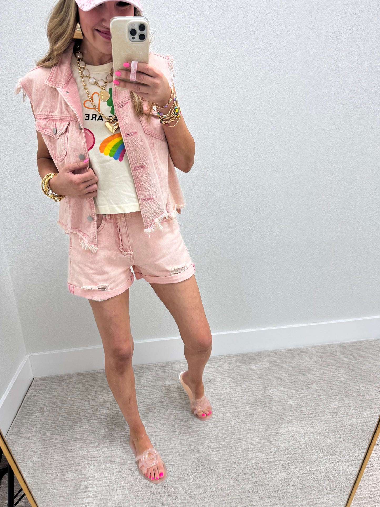 Pink Denim Two Piece Short Set