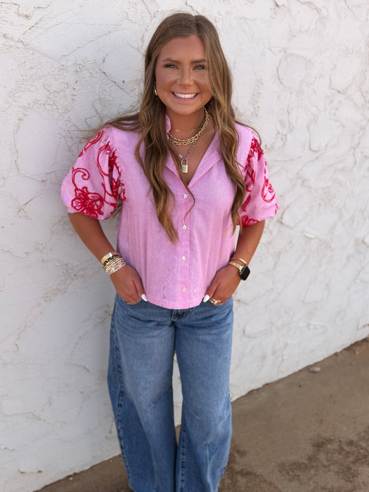 Red Stripe Embroidery Puff Sleeve Blouse