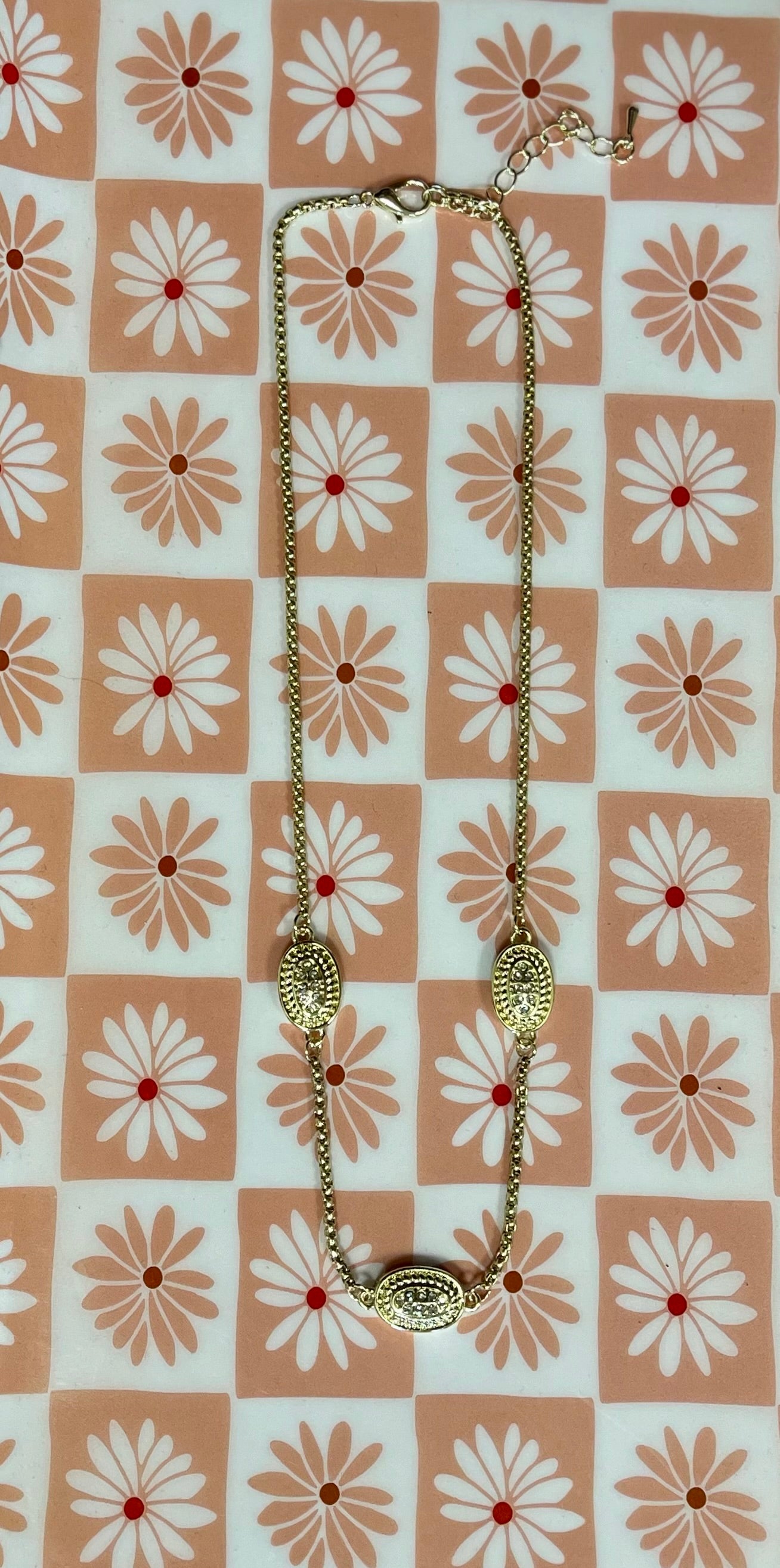 Three Oval Crystal Gold Necklace