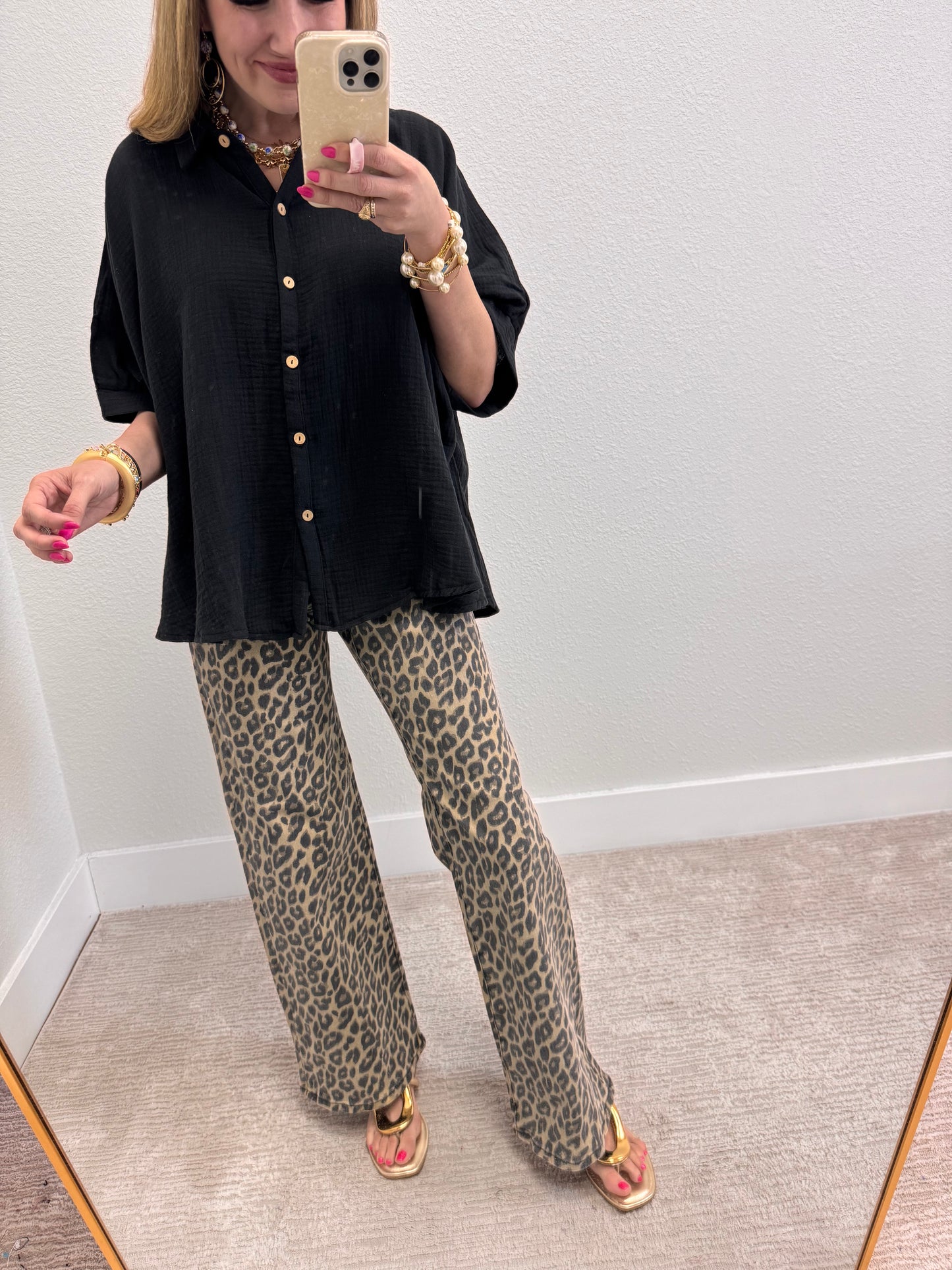Black Double Gauze 3/4 Sleeve Button Up Shirt
