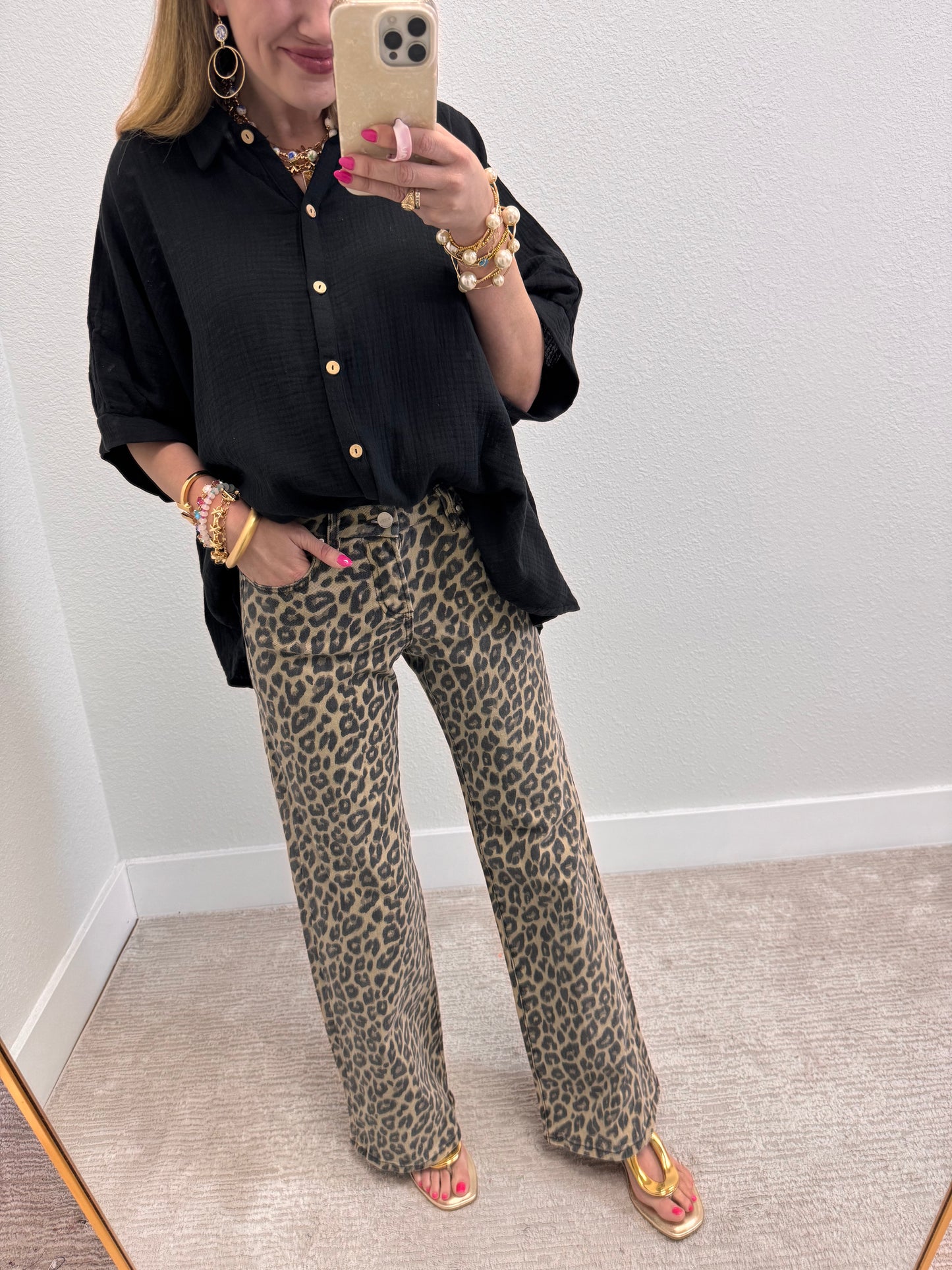 Black Double Gauze 3/4 Sleeve Button Up Shirt