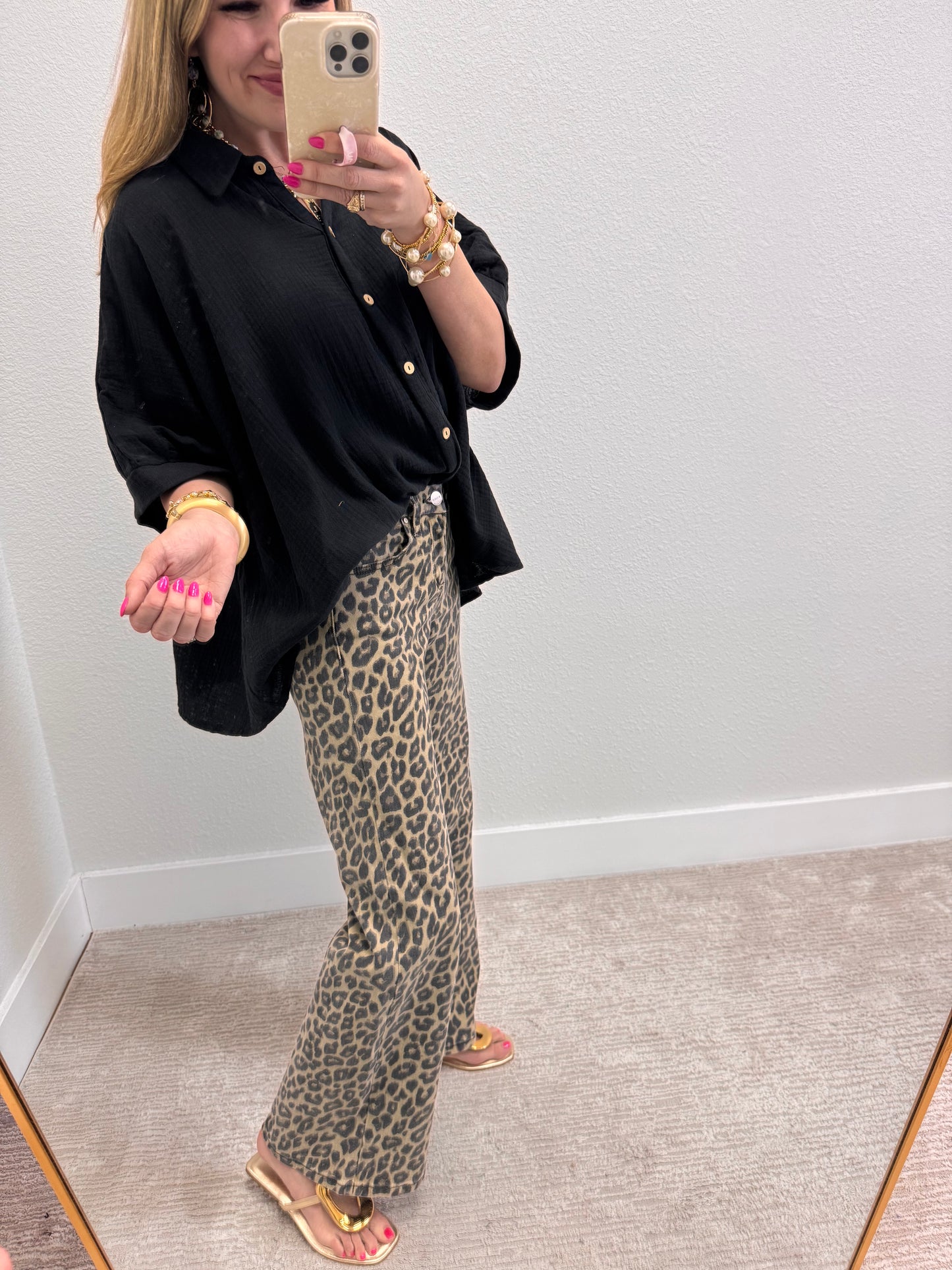 Black Double Gauze 3/4 Sleeve Button Up Shirt