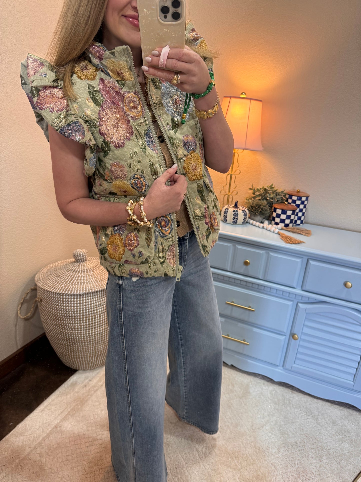 Olive Front Zip Up Floral Jacquard Vest