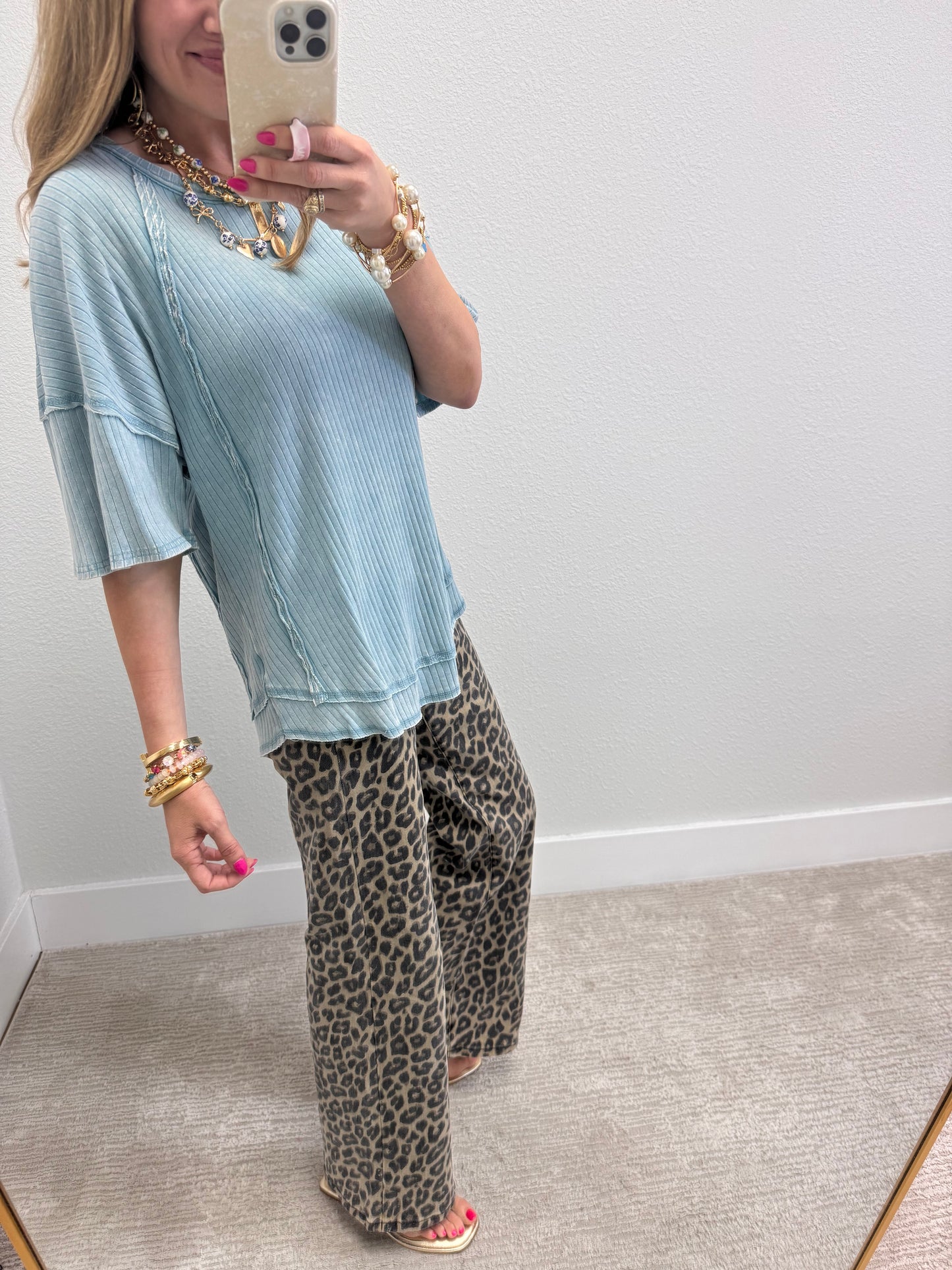 Light Blue Mineral Washed Ribbed Knit Top