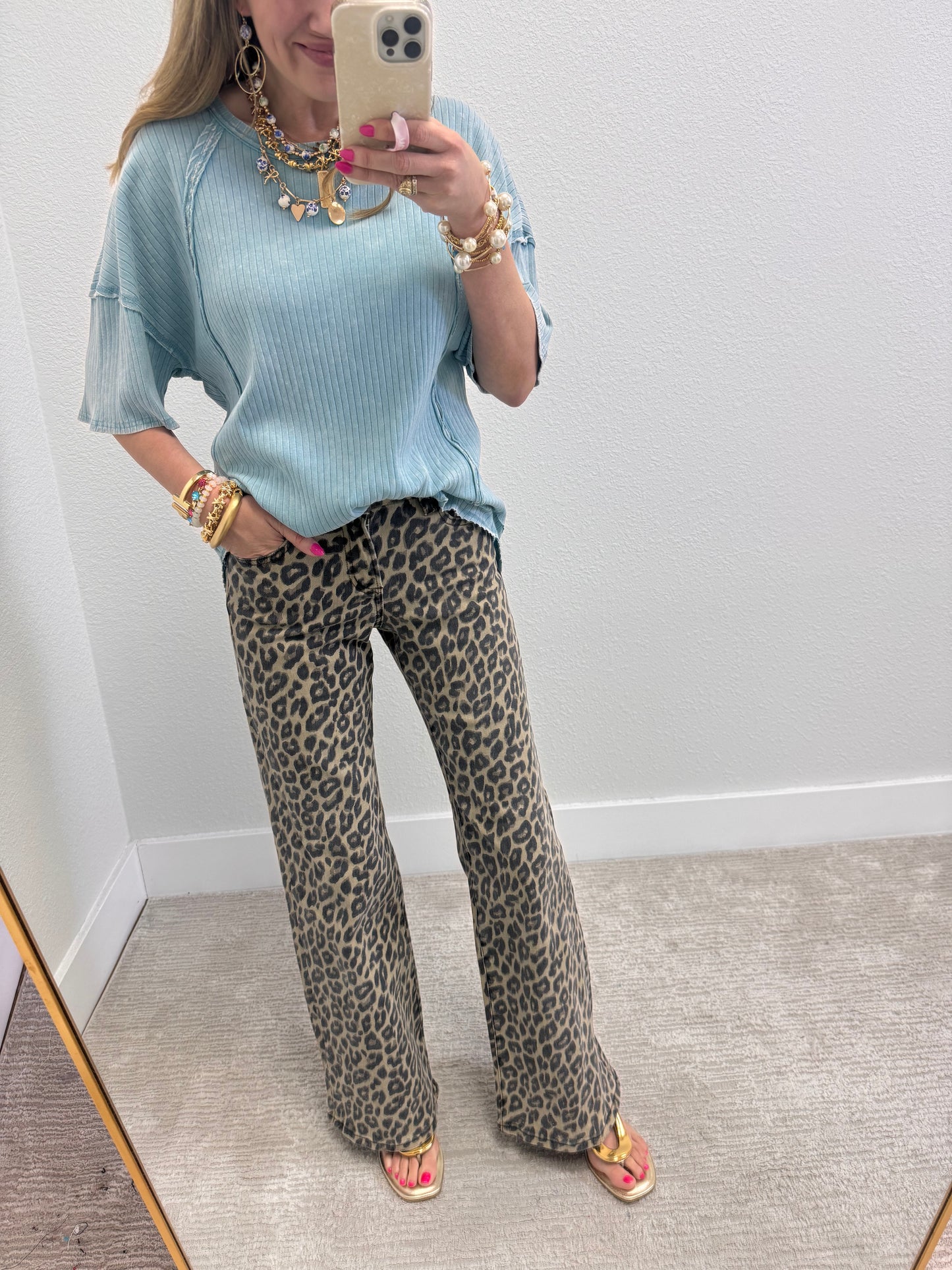 Light Blue Mineral Washed Ribbed Knit Top
