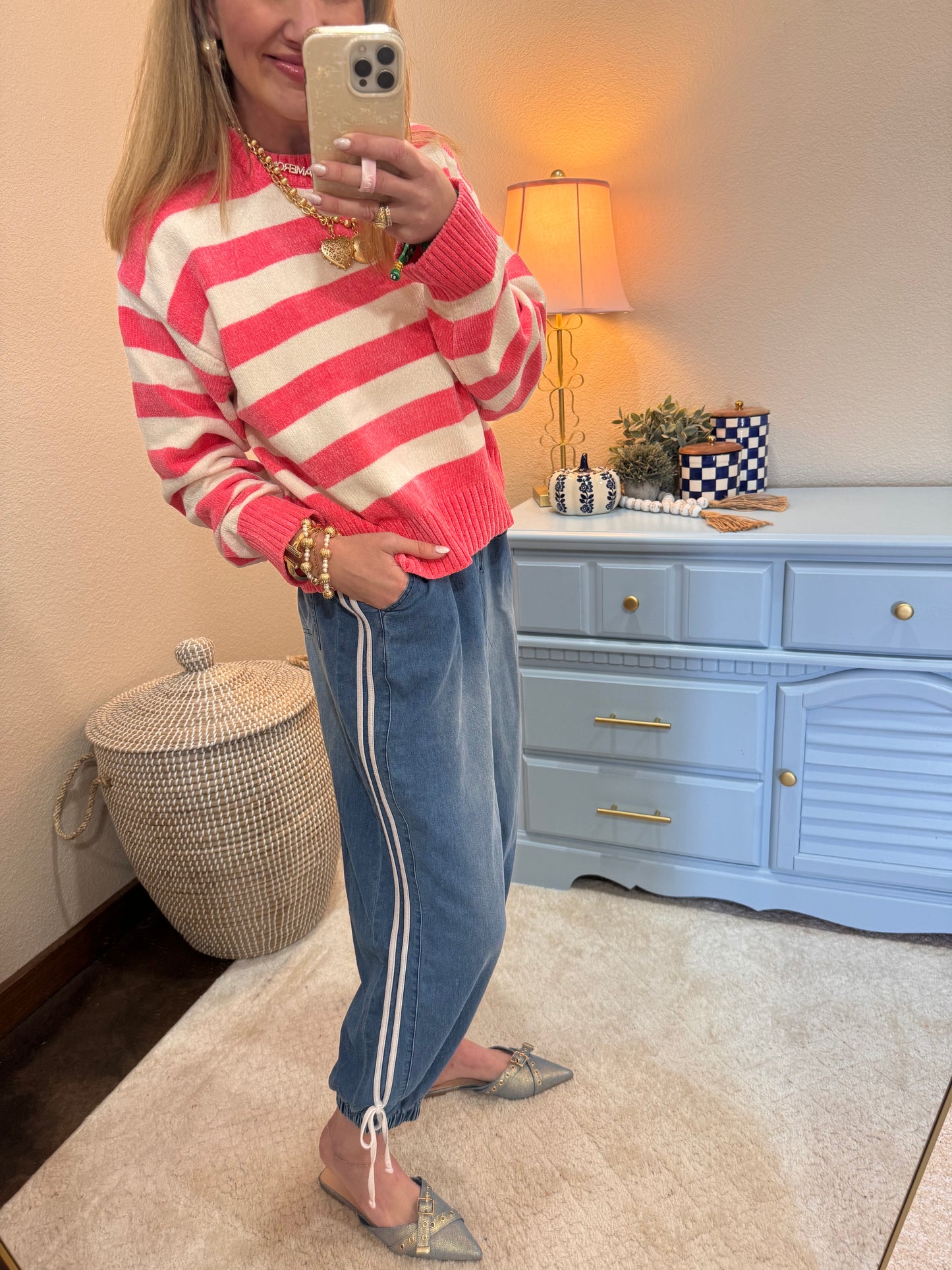 Denim Striped Detailed Tie Bottom Jogger Pants