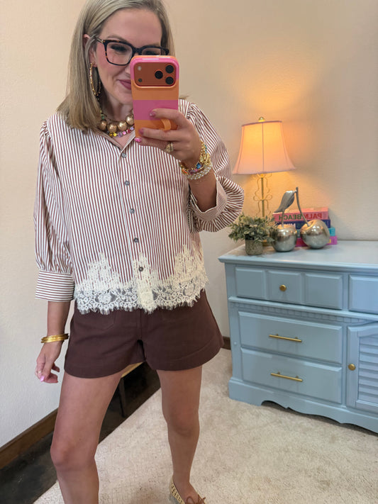Rust Stripe Button Up With Lace Detail Top