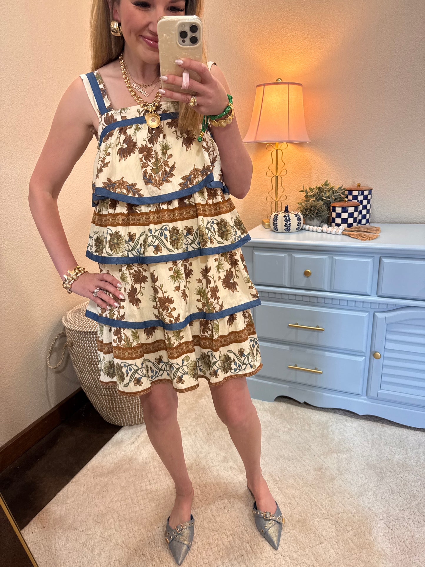 Brown Printed Floral Tiered Dress