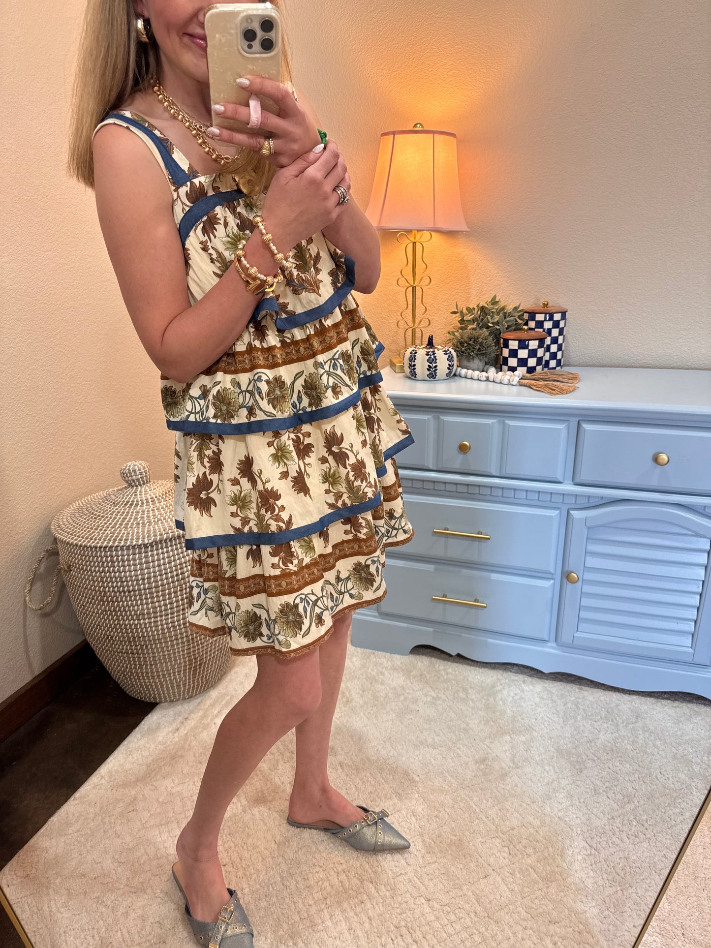 Brown Printed Floral Tiered Dress