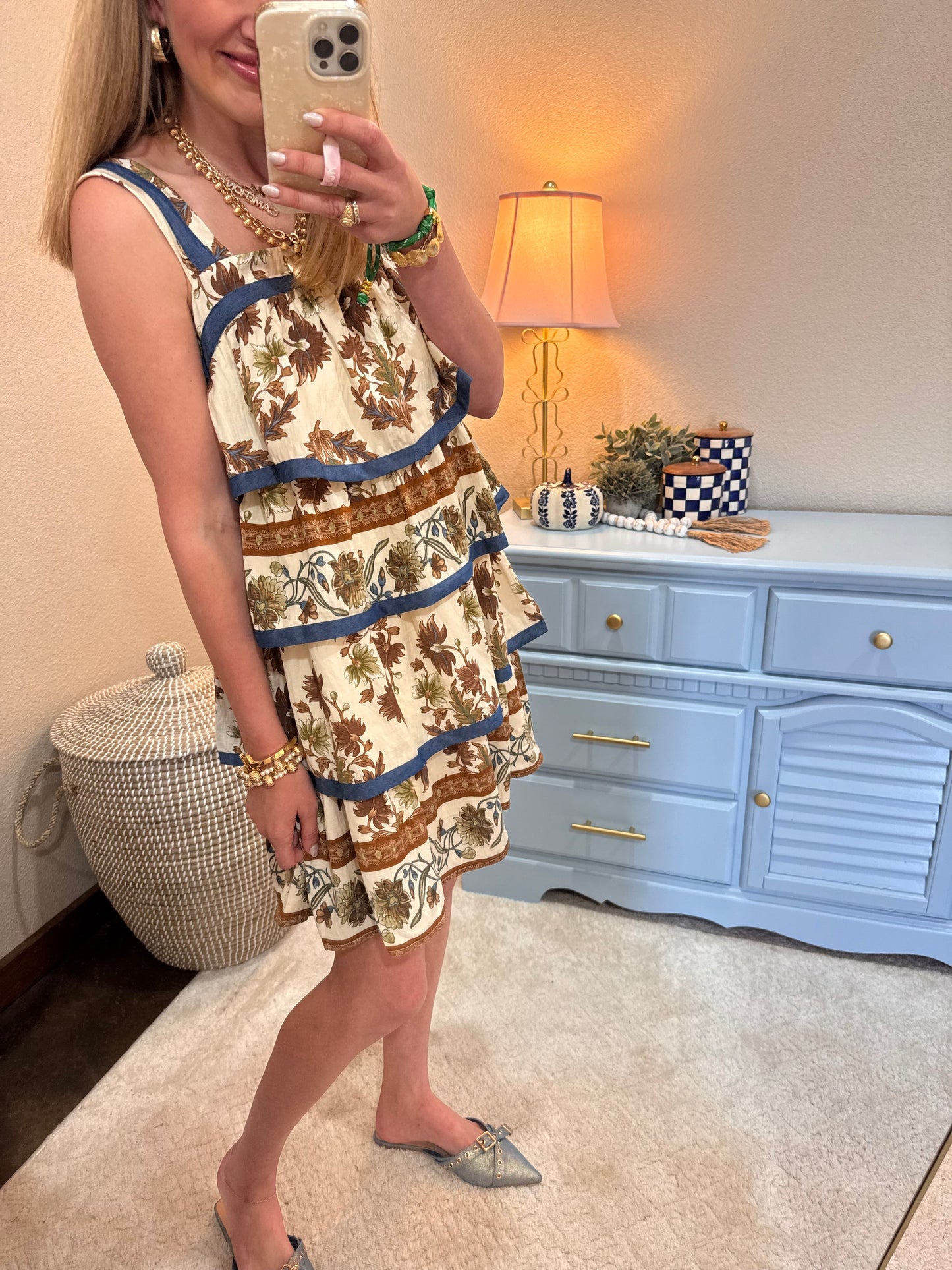 Brown Printed Floral Tiered Dress