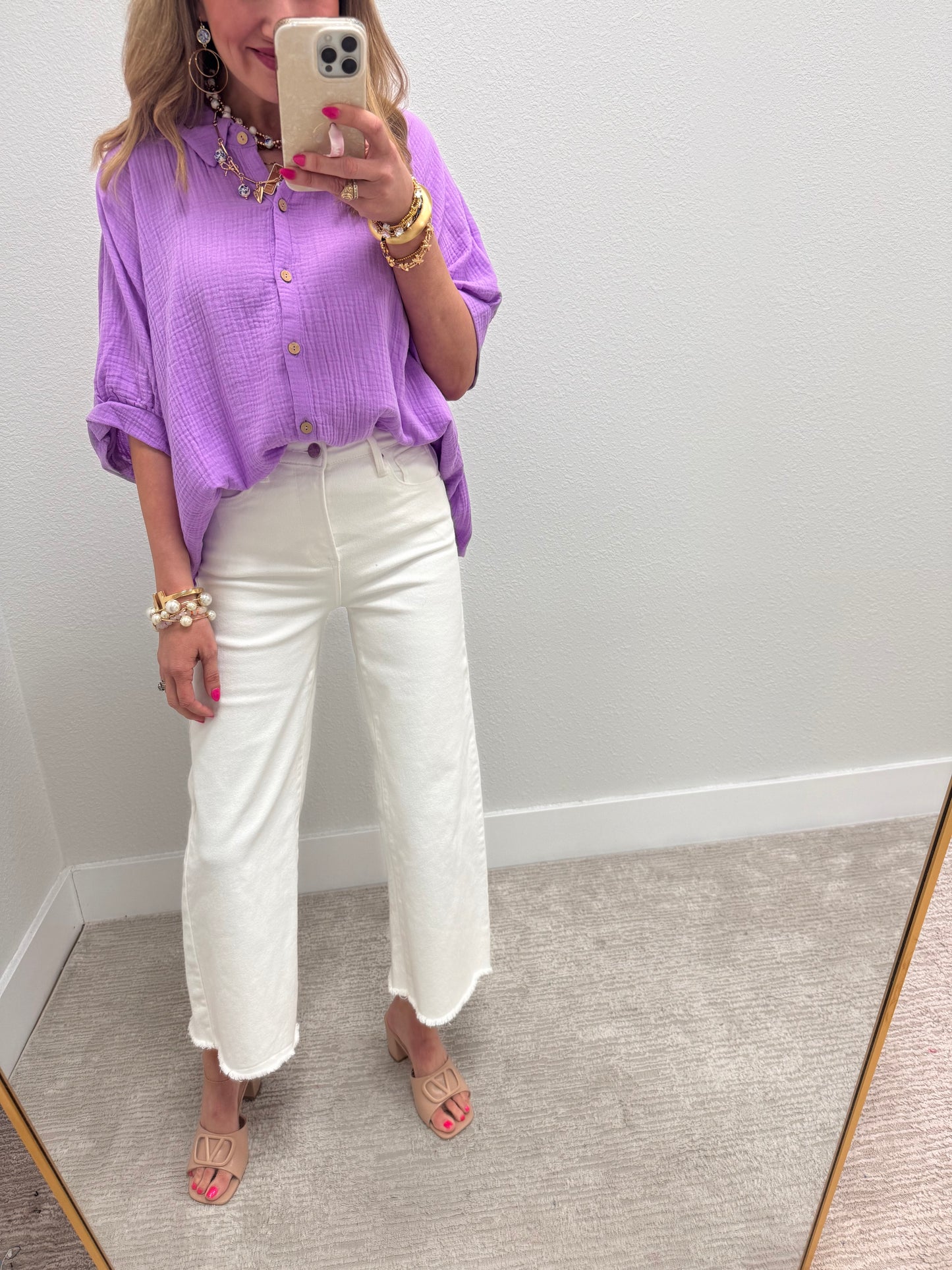 Bright Lavender Double Gauze 3/4 Sleeve Button Up Shirt