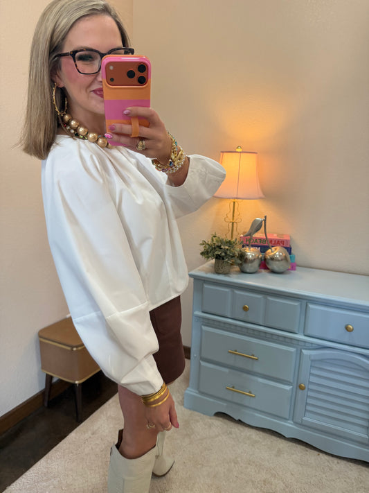 White Balloon Poplin Shirt With Pleated Neck